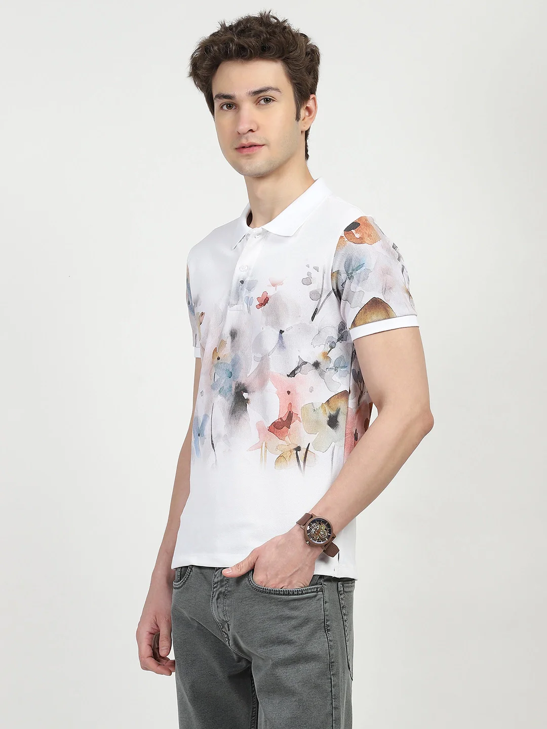White Floral Print Polo T-Shirt - Image 15