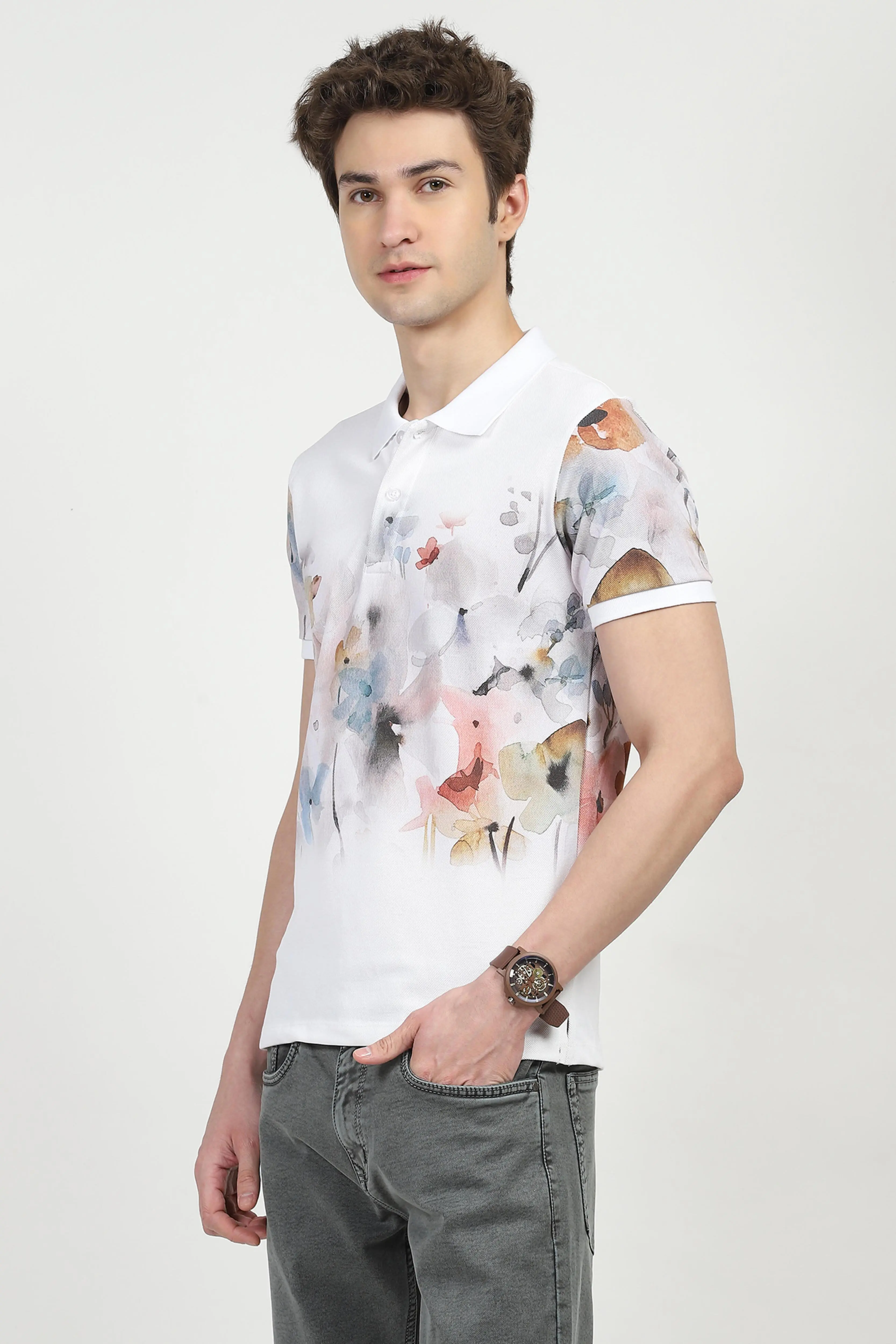 White Floral Print Polo T-Shirt - Image 2