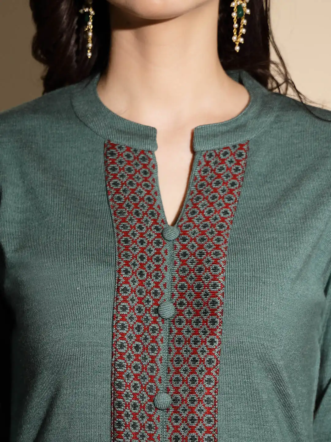 Green Abstract Print Woolen Kurta - Image 6