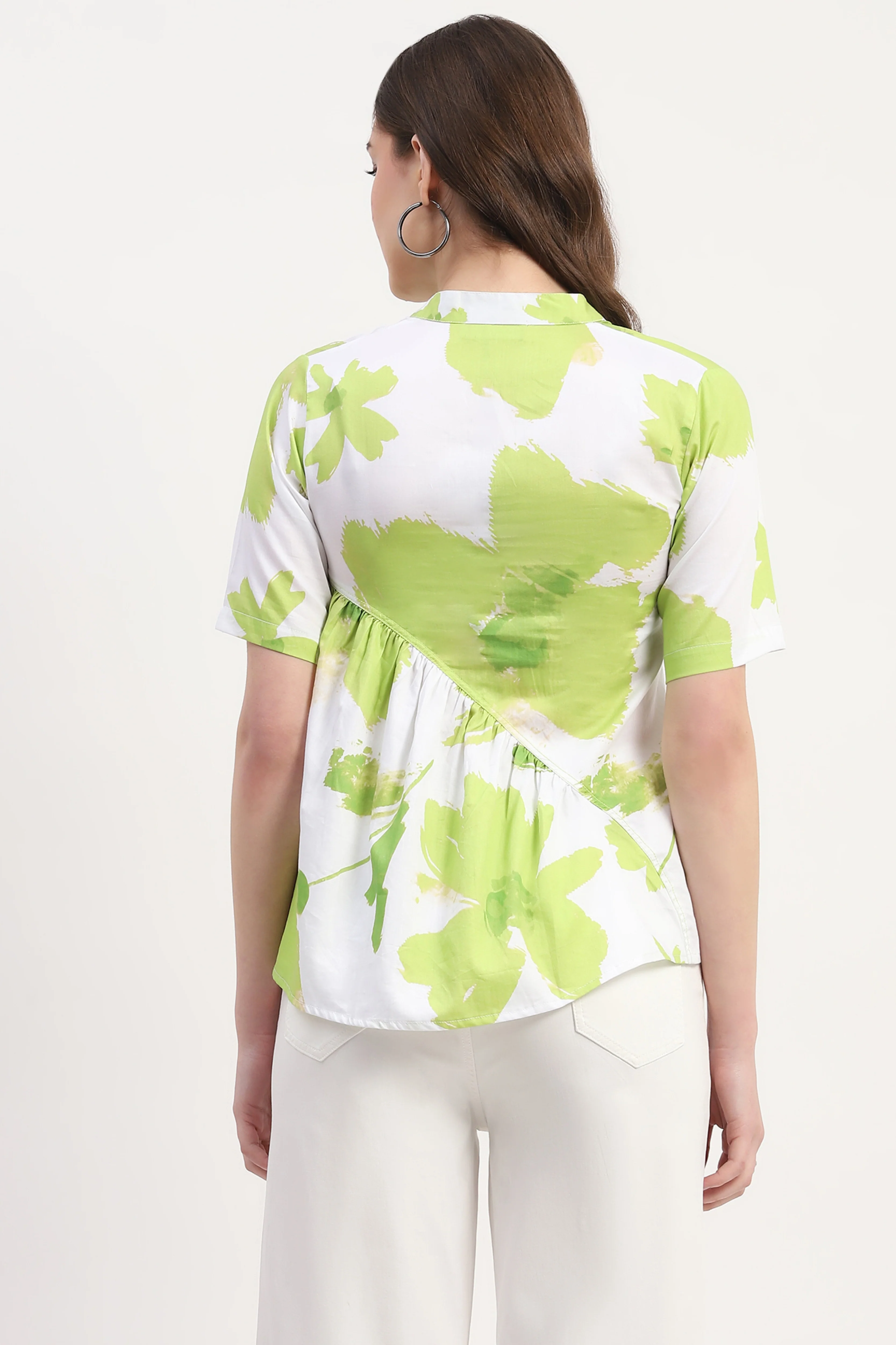 Green Cotton Satin Abstract Print Top - Image 4