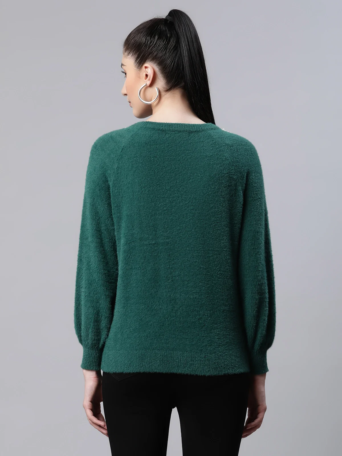 Green Embellished Woolen Loose Pullover - Image 10