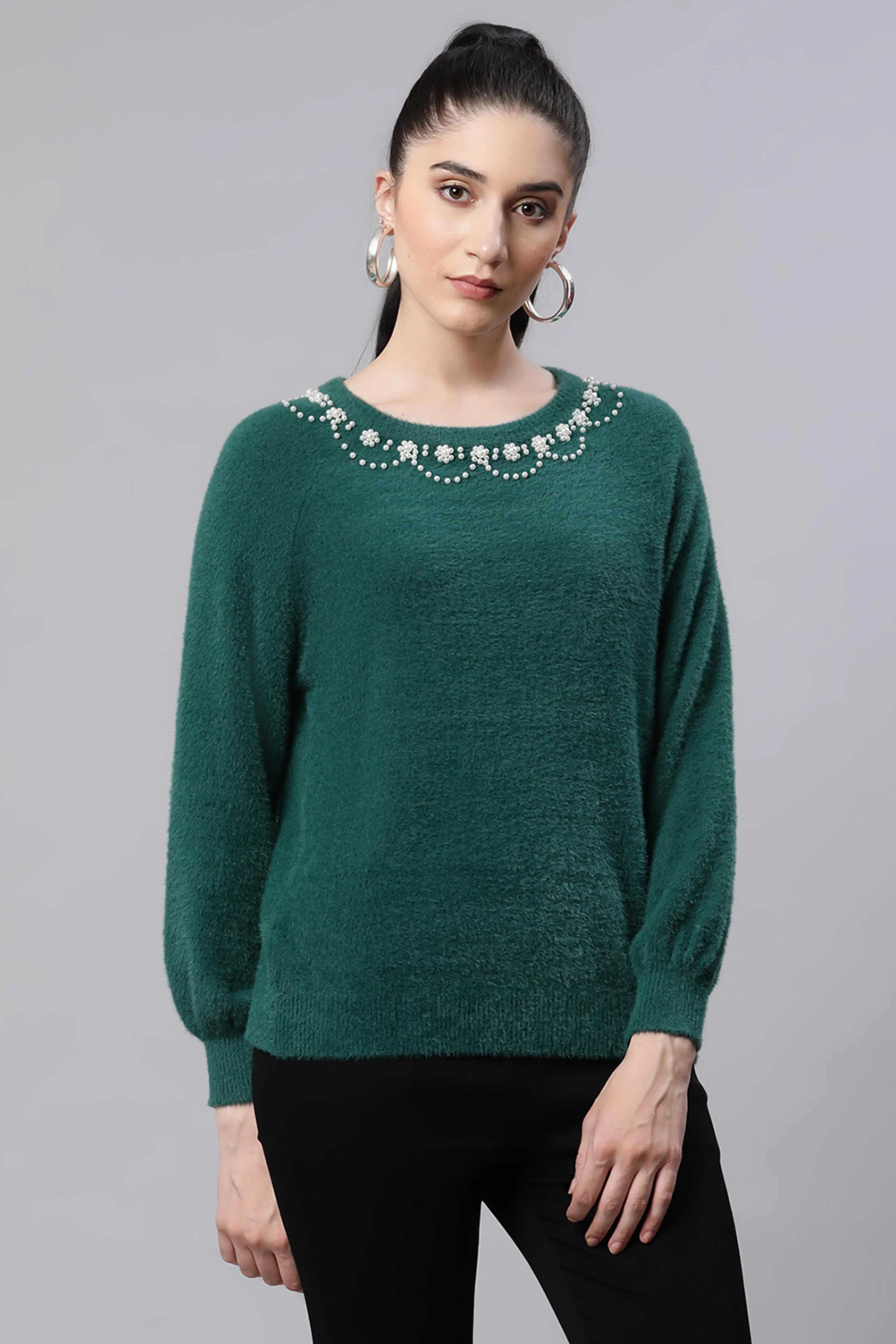 Green Embellished Woolen Loose Pullover - Image 3