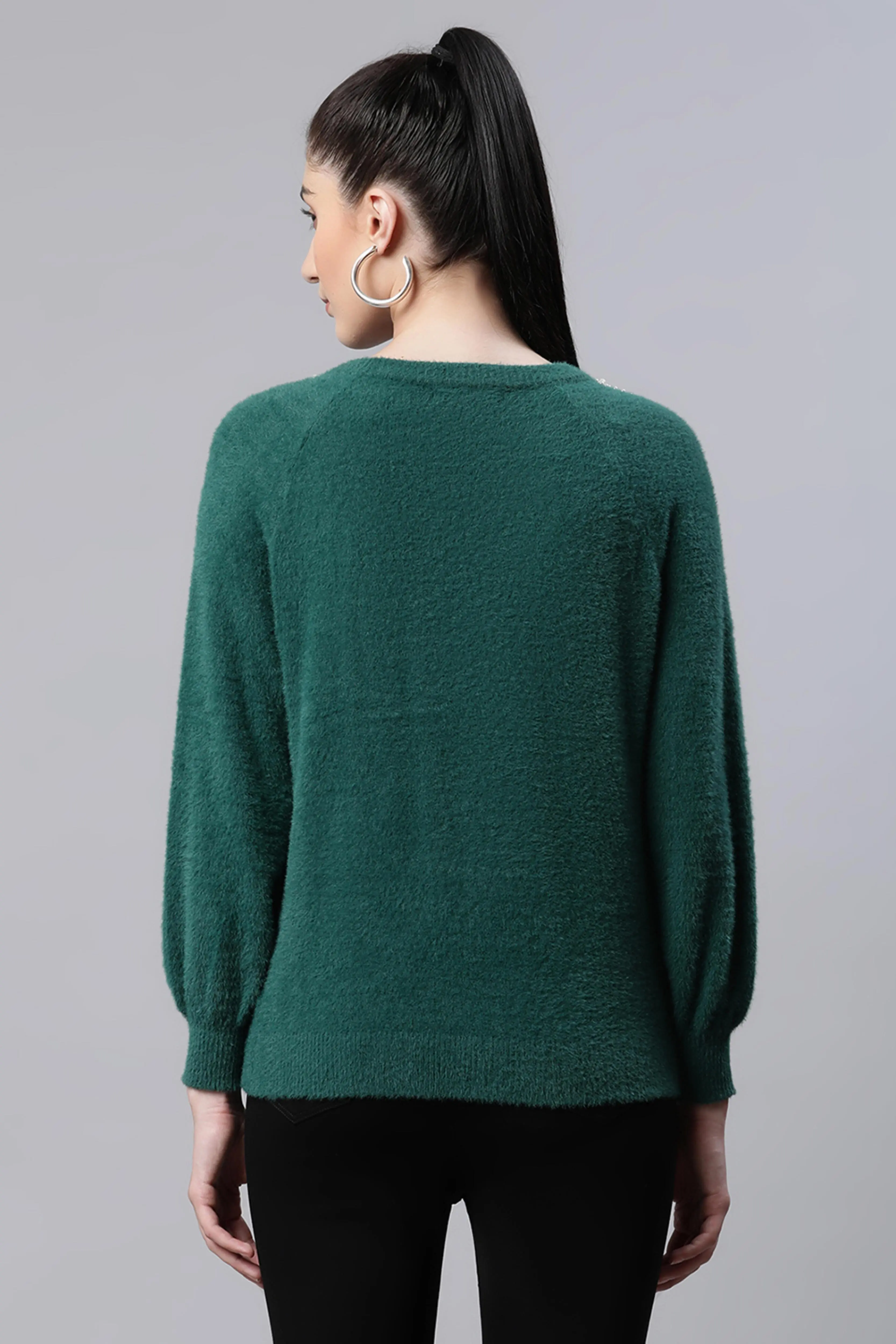 Green Embellished Woolen Loose Pullover - Image 4