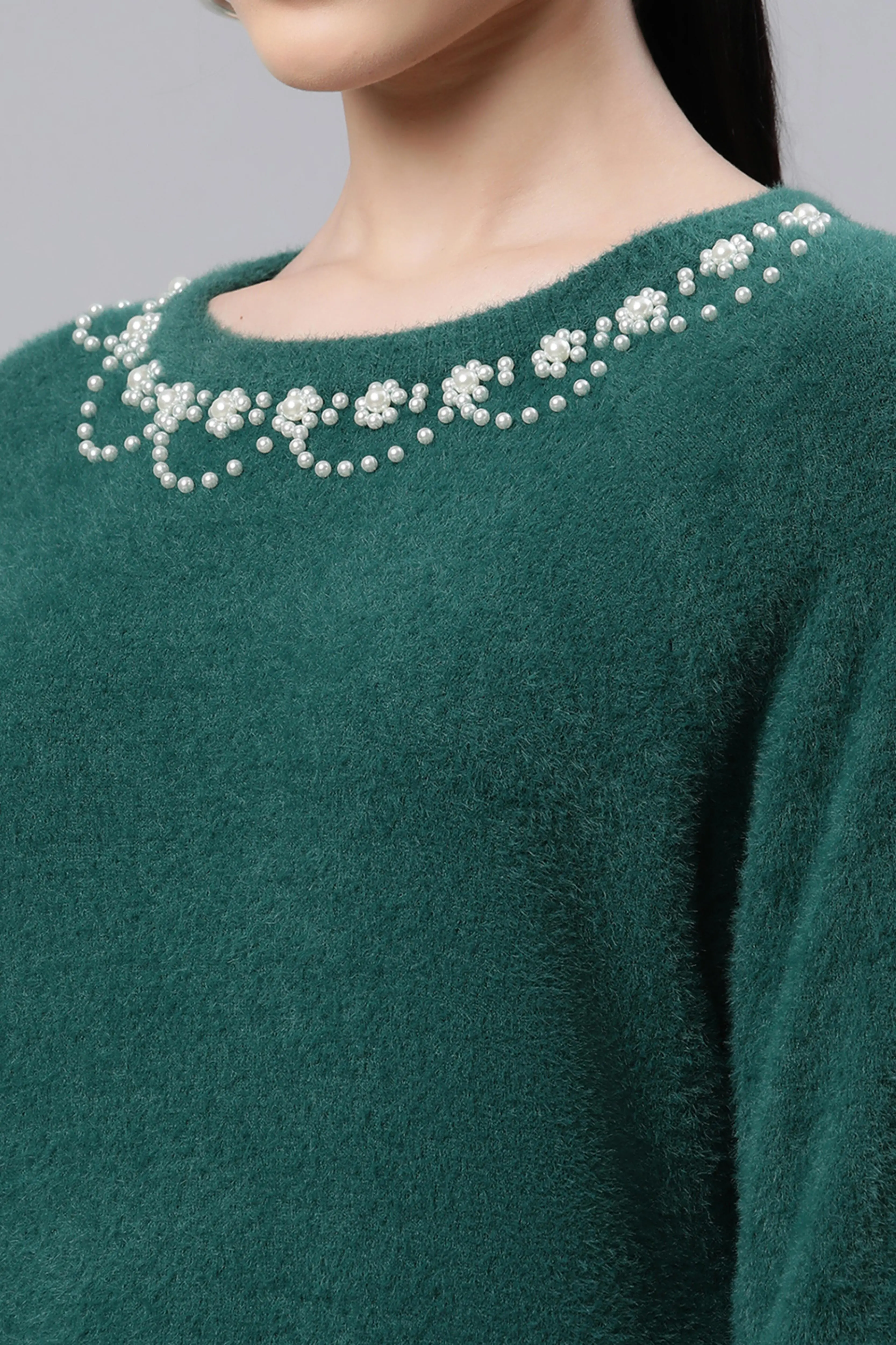 Green Embellished Woolen Loose Pullover - Image 5