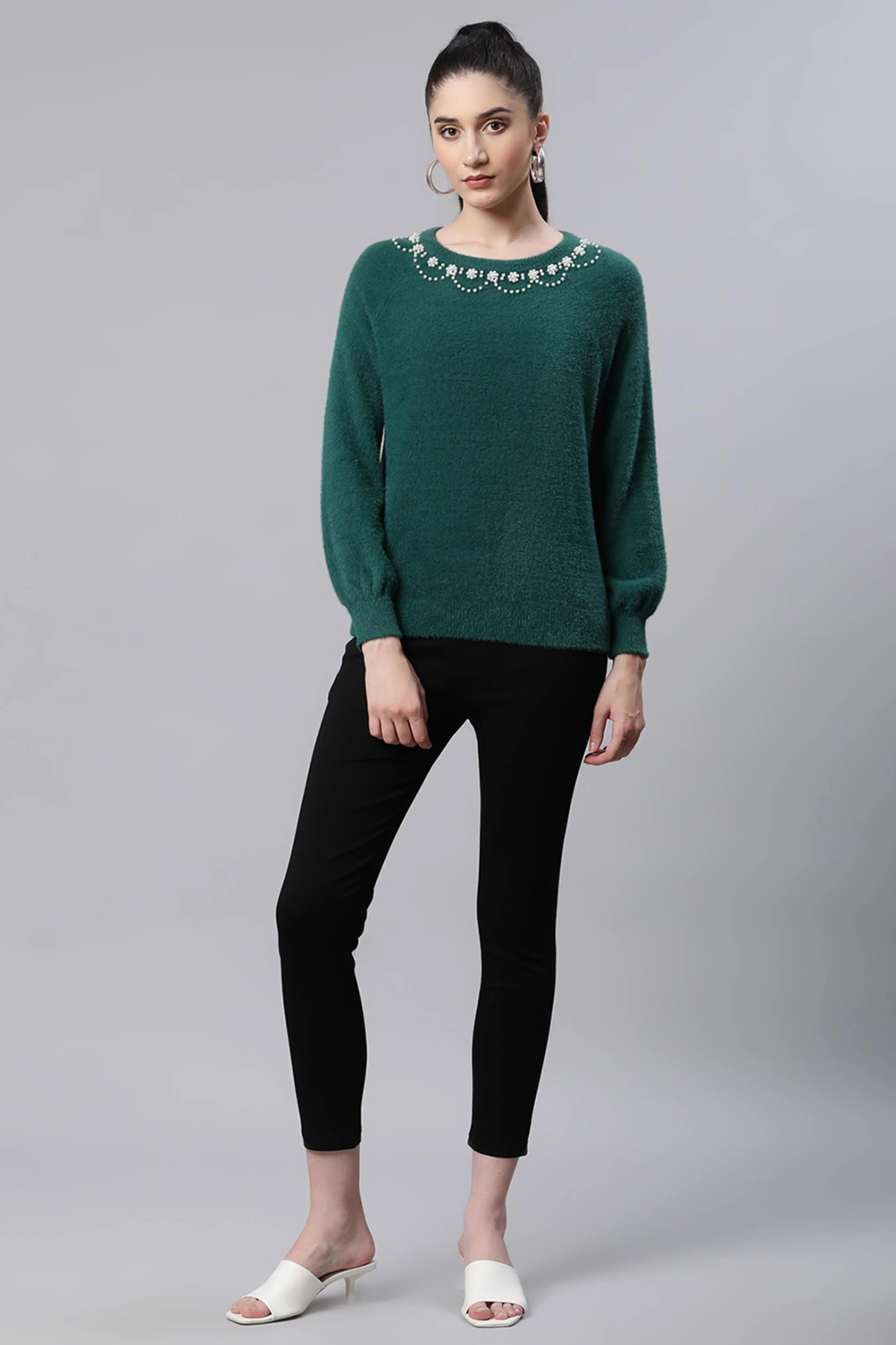 Green Embellished Woolen Loose Pullover - Image 6