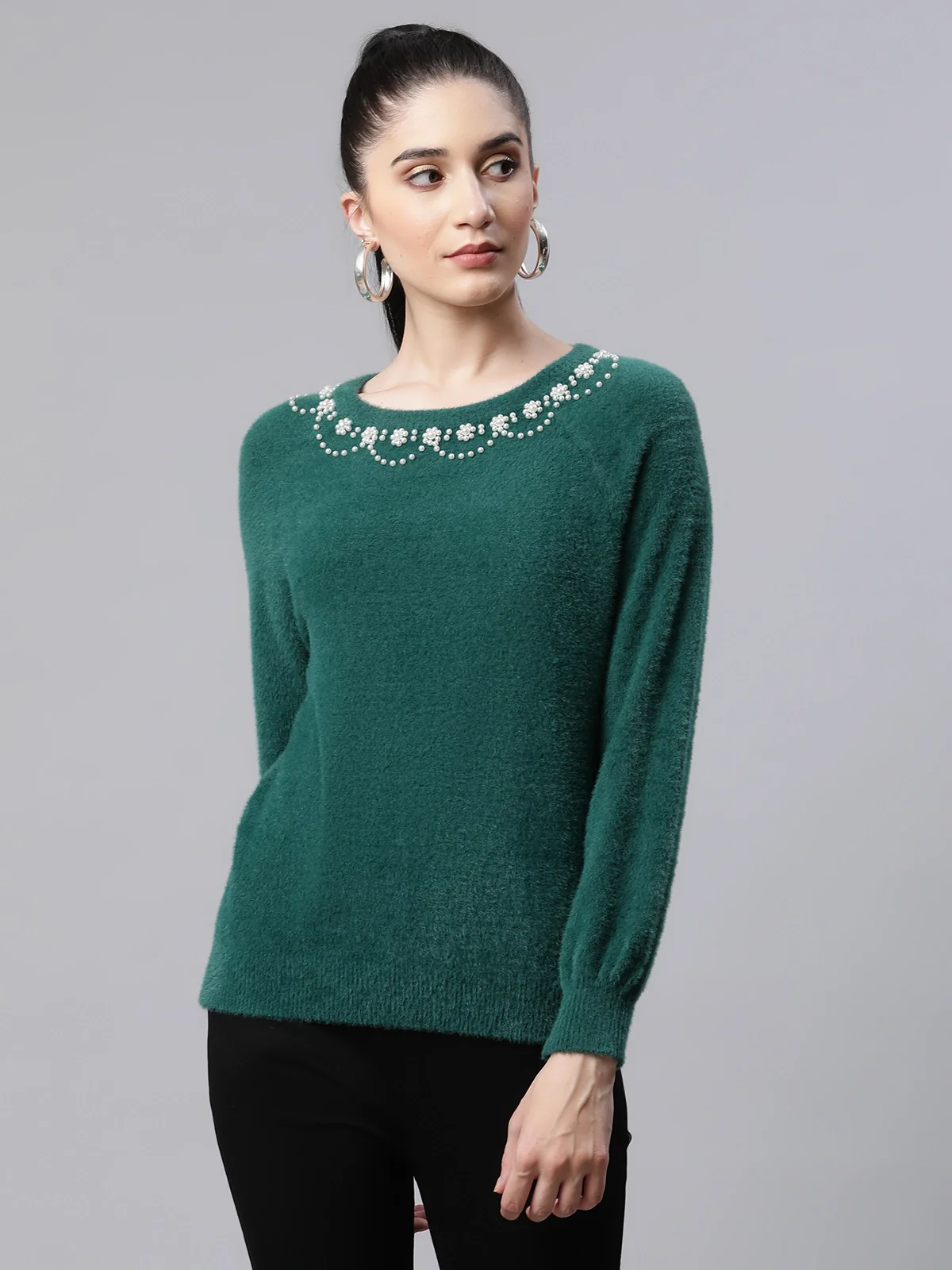 Green Embellished Woolen Loose Pullover - Image 7