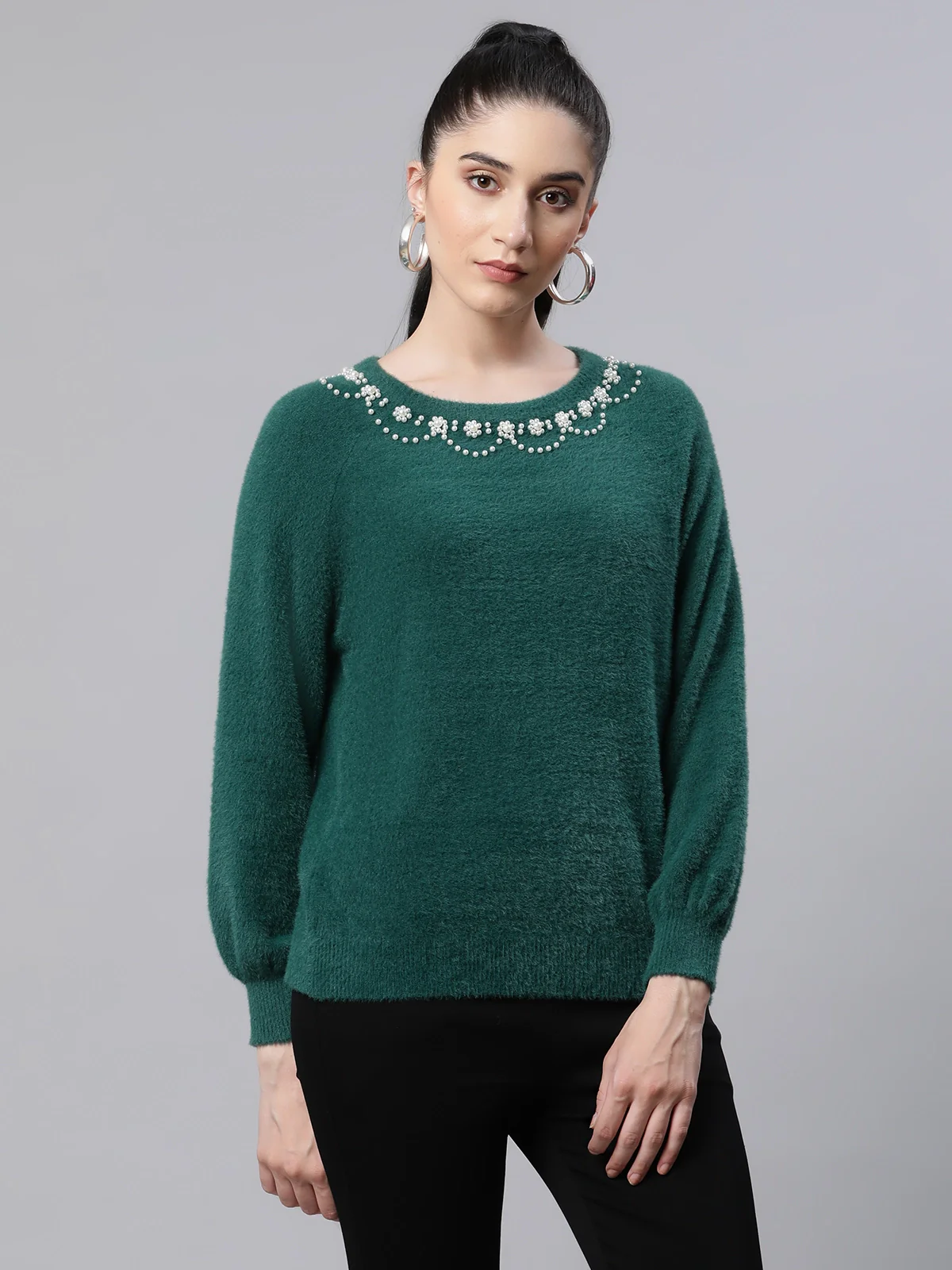 Green Embellished Woolen Loose Pullover - Image 8