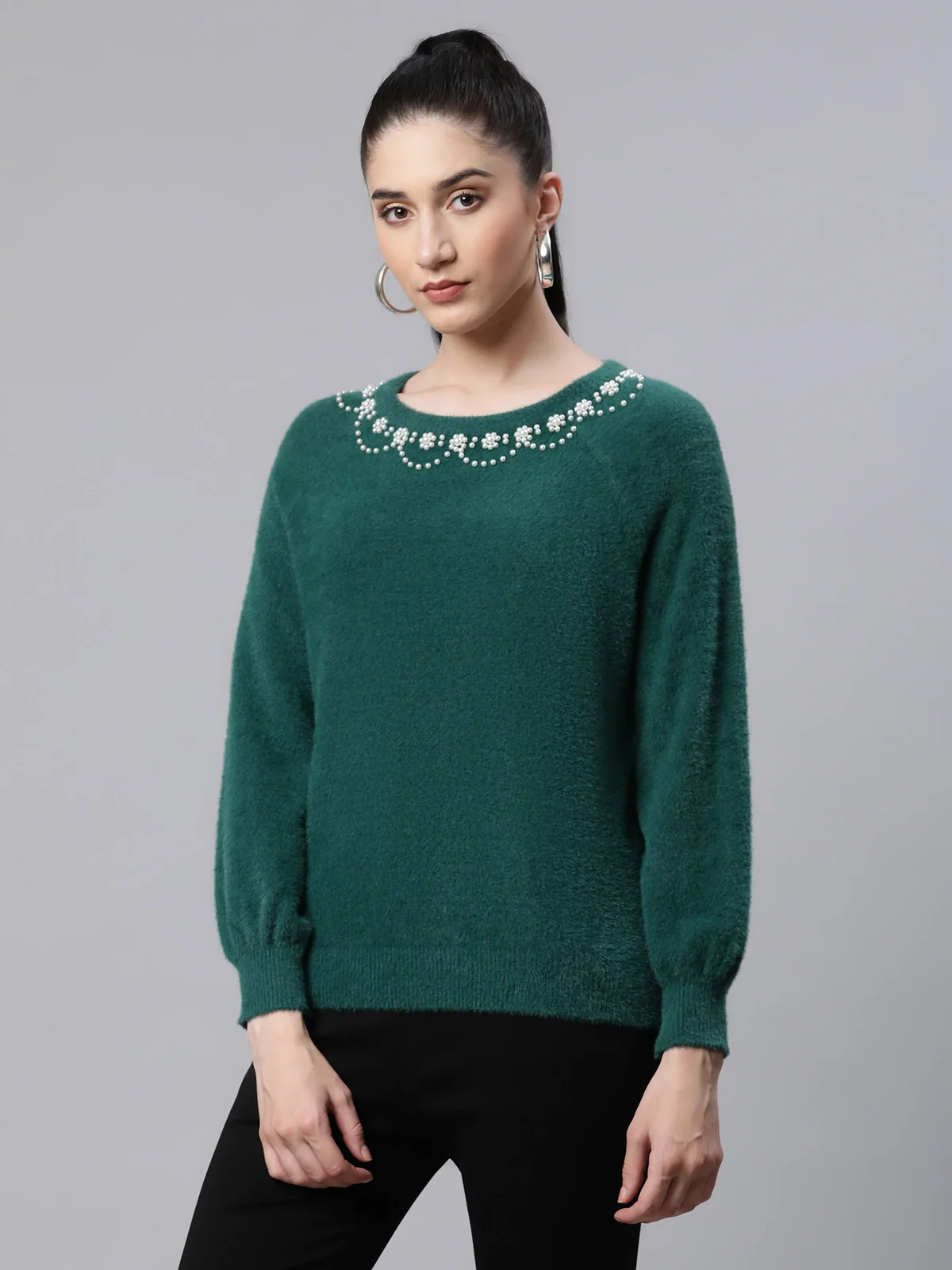 Green Embellished Woolen Loose Pullover - Image 9