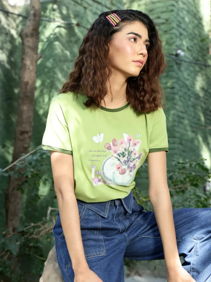 Green Embroidered Modal Blend Top - Image 11