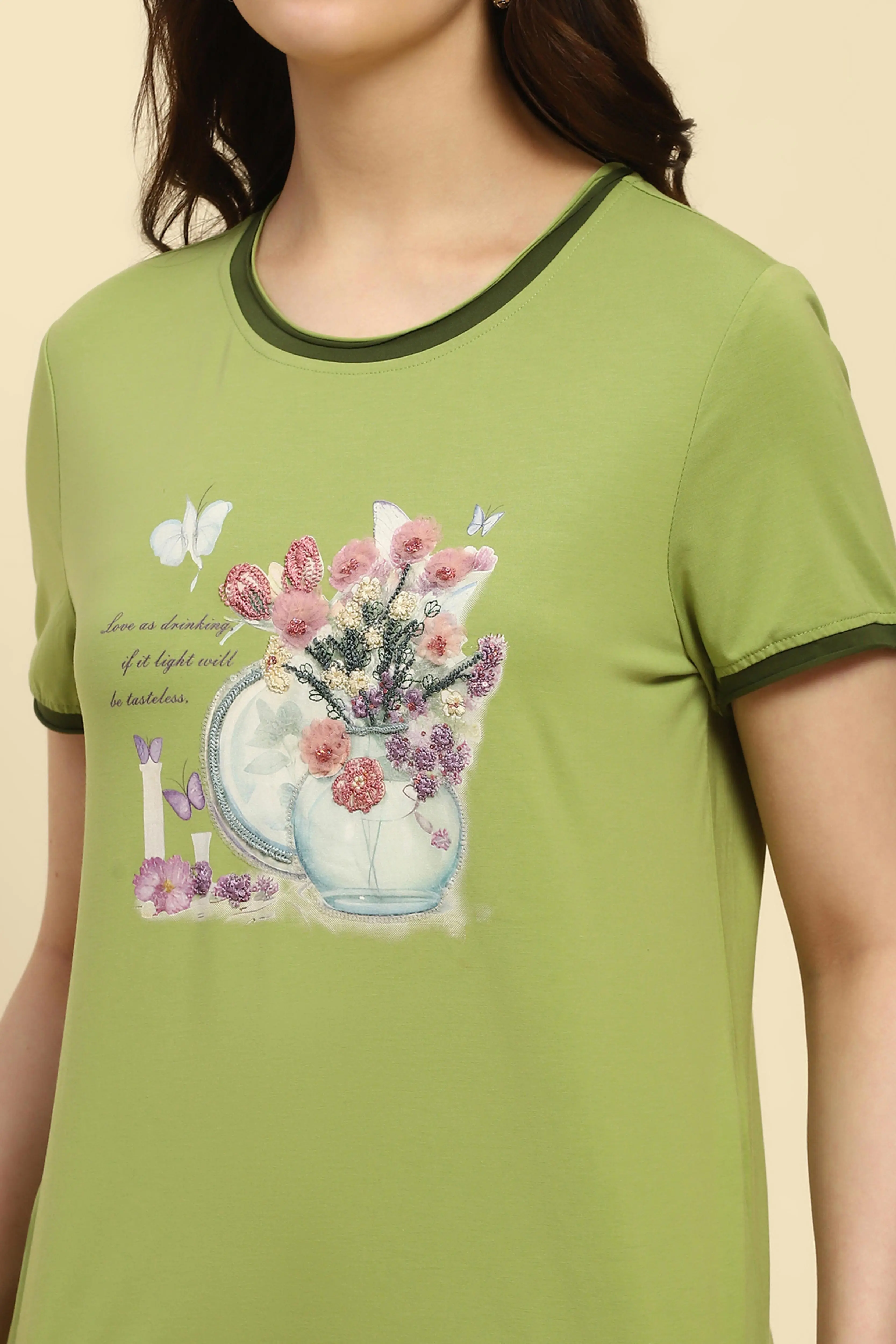 Green Embroidered Modal Blend Top - Image 5