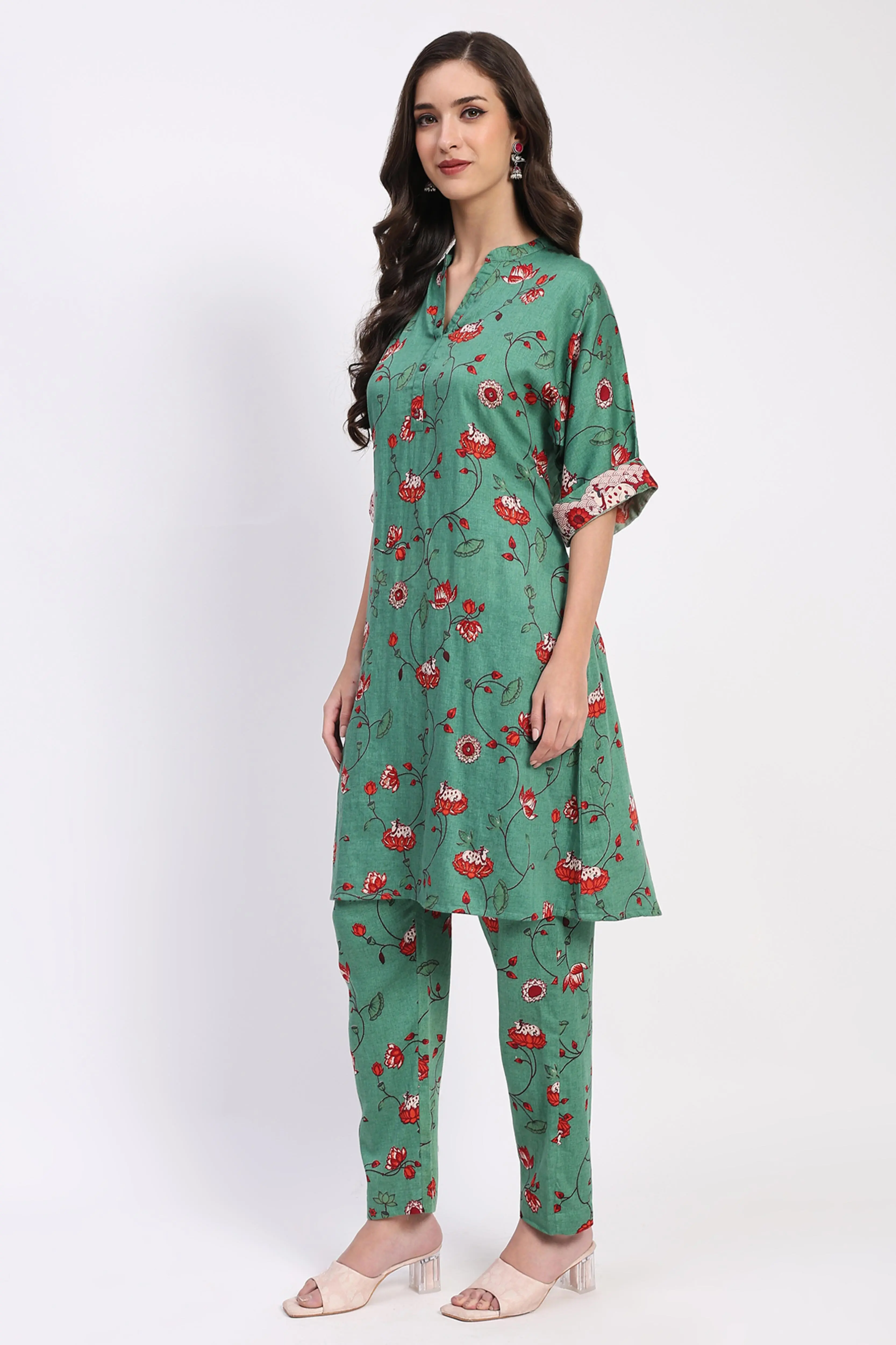 Green Ethnic Print Cotton Kurta Set - Image 2