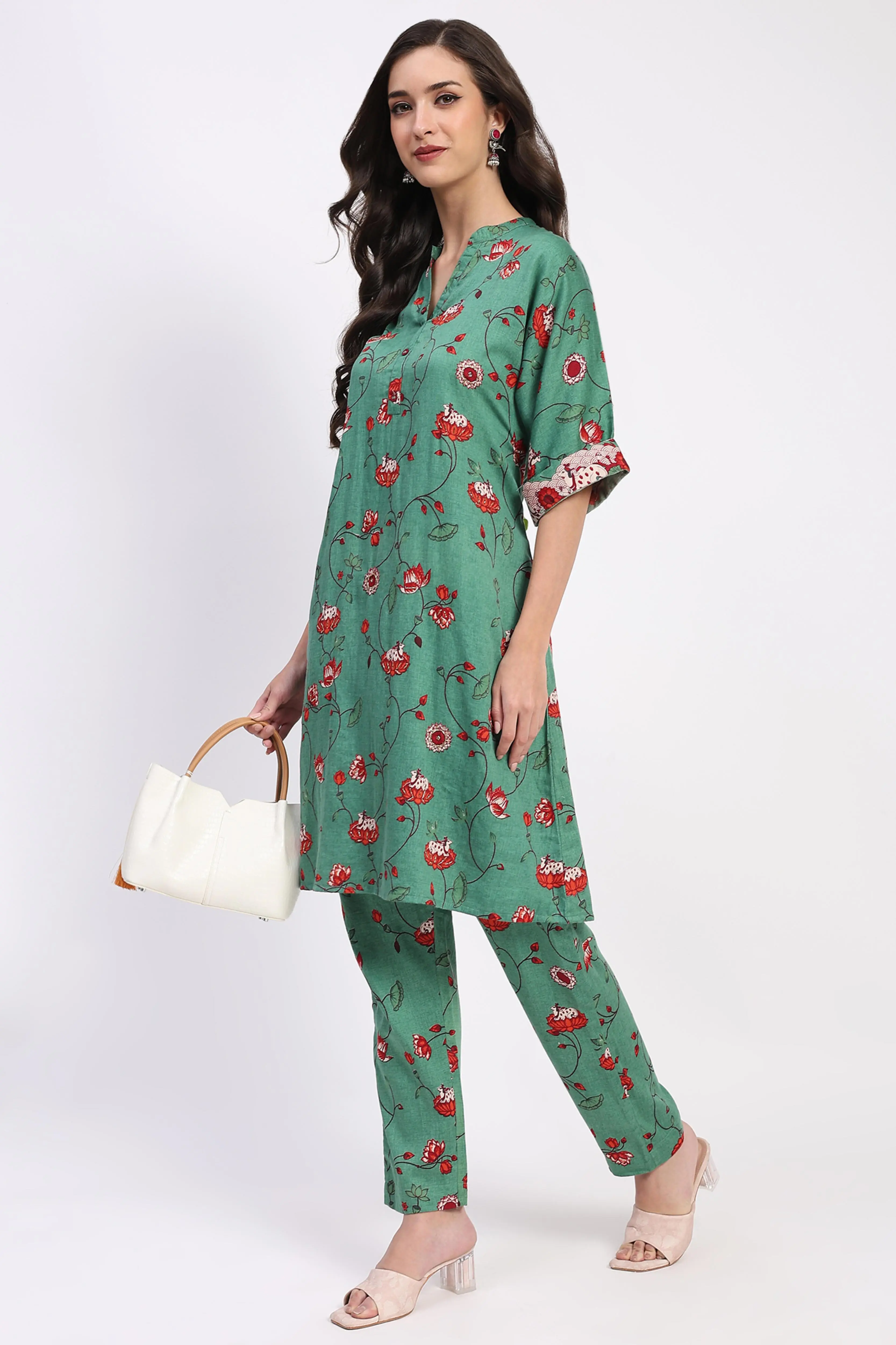 Green Ethnic Print Cotton Kurta Set - Image 6
