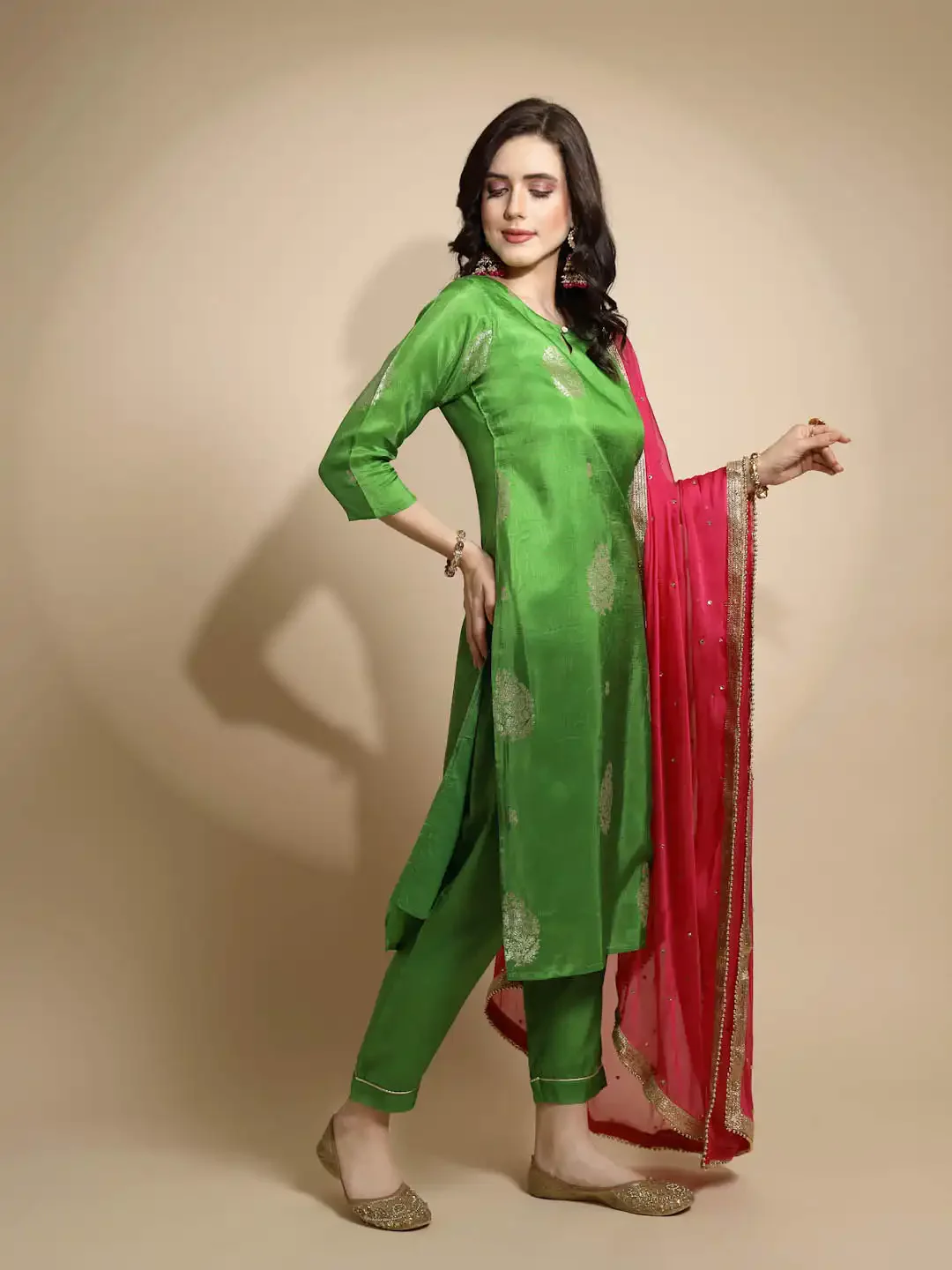 Green Foil Printed Silk Suit Set - Image 10