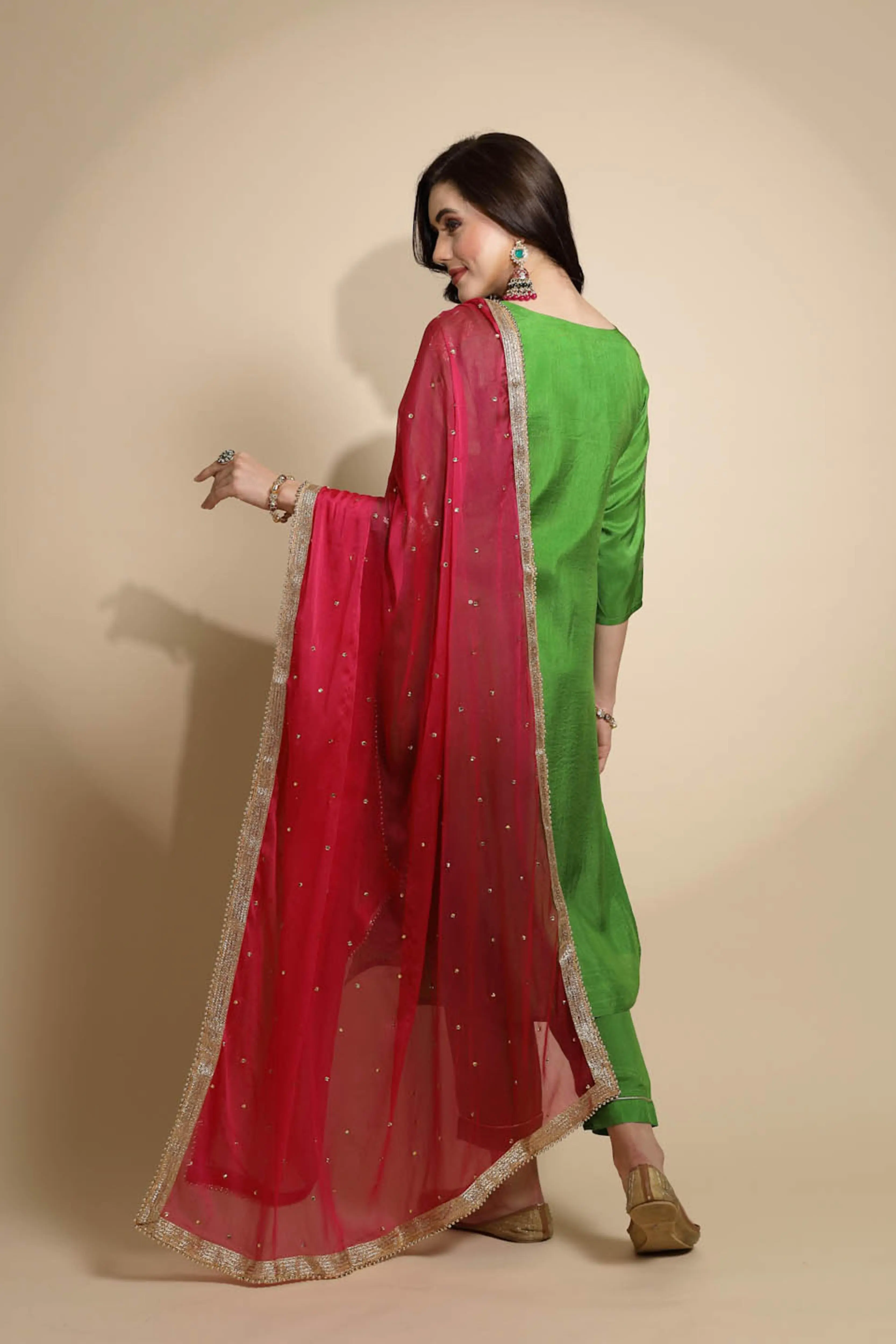 Green Foil Printed Silk Suit Set - Image 2