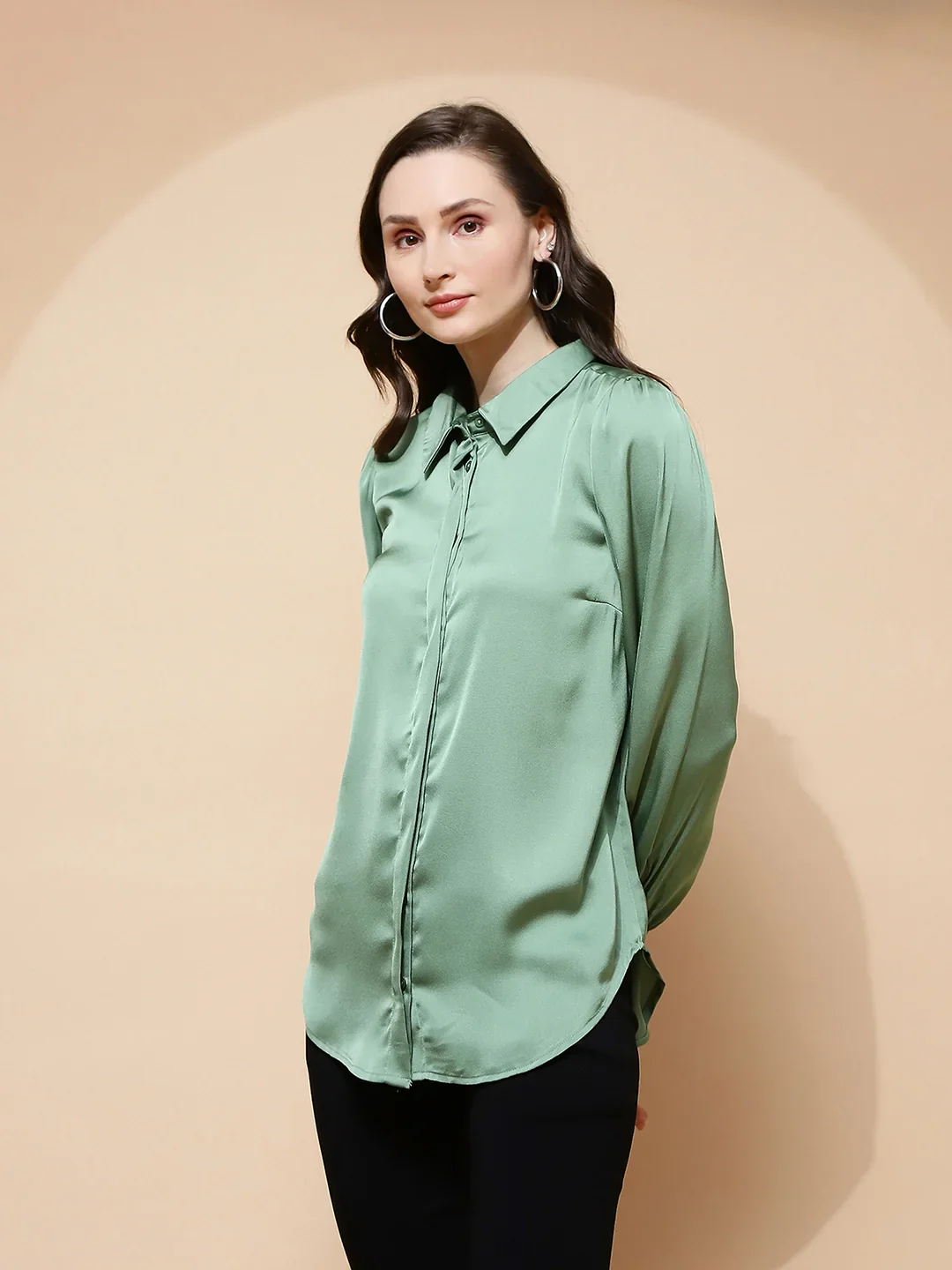 Green Poly Satin Solid Shirt - Image 10