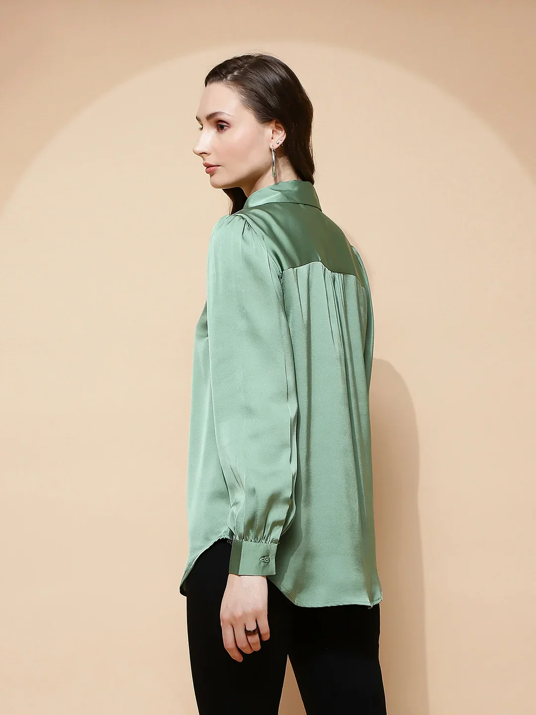Green Poly Satin Solid Shirt - Image 13