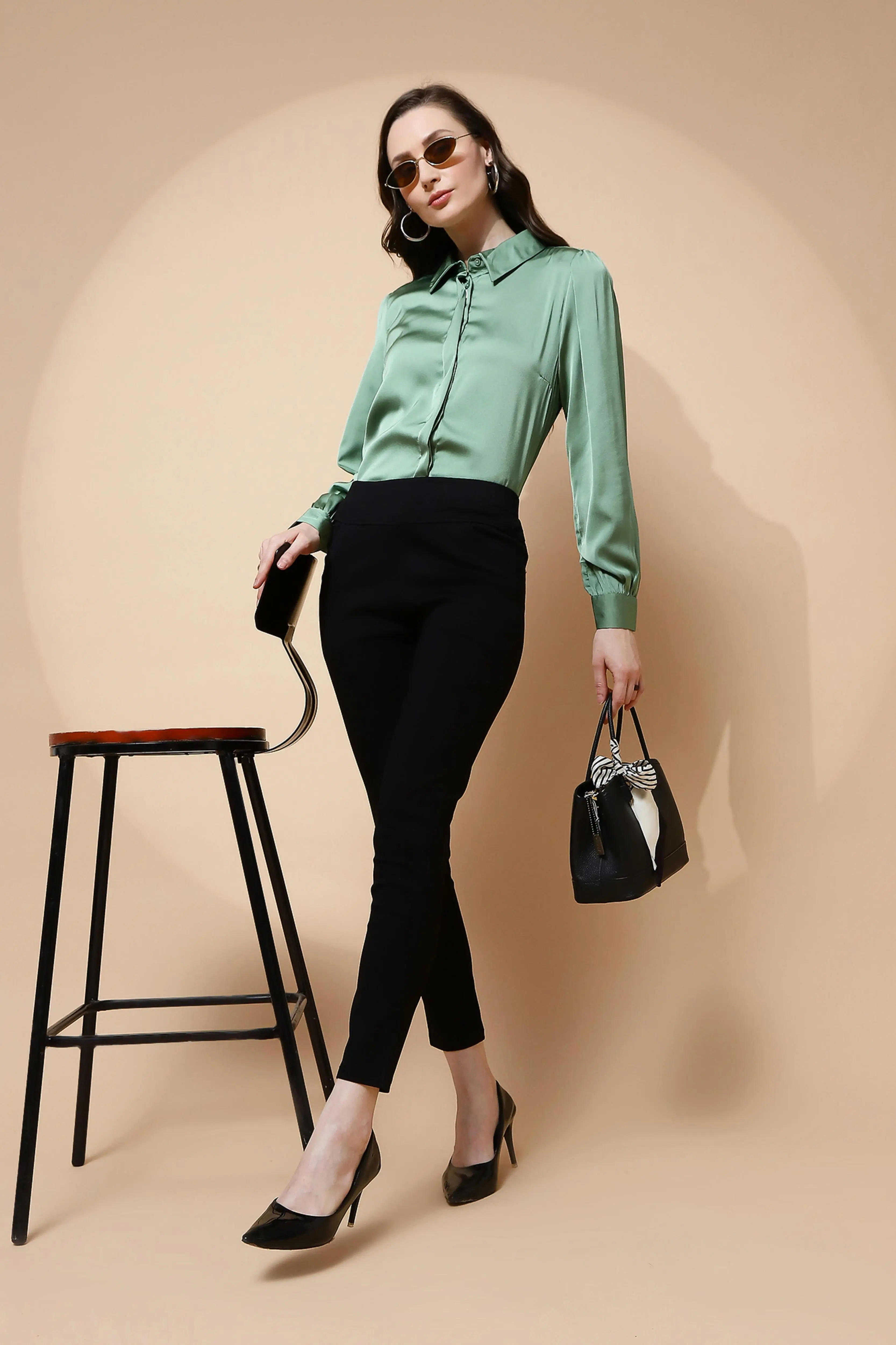 Green Poly Satin Solid Shirt - Image 7