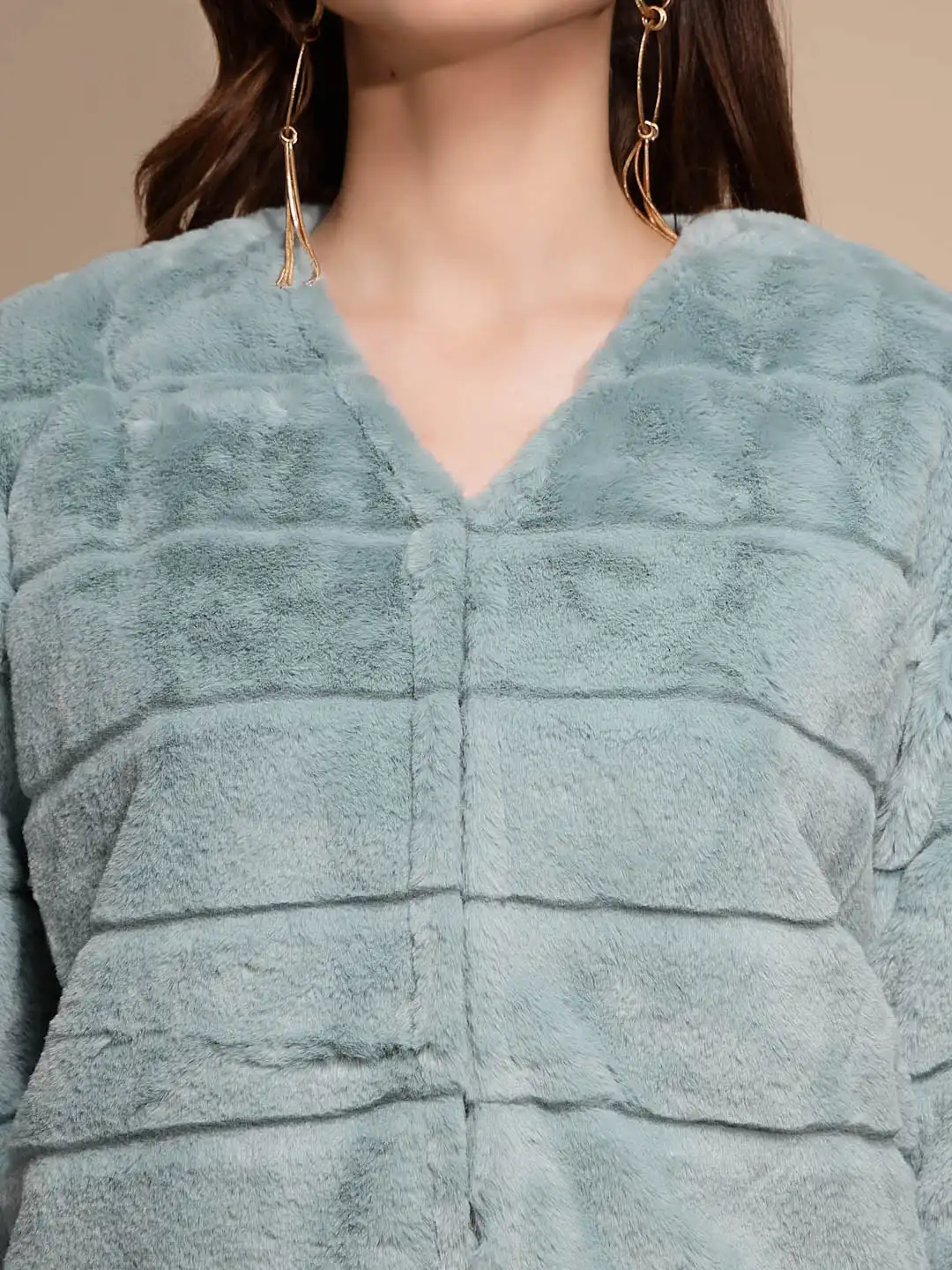 Women's Solid V-Neck Green Jacket - Image 4