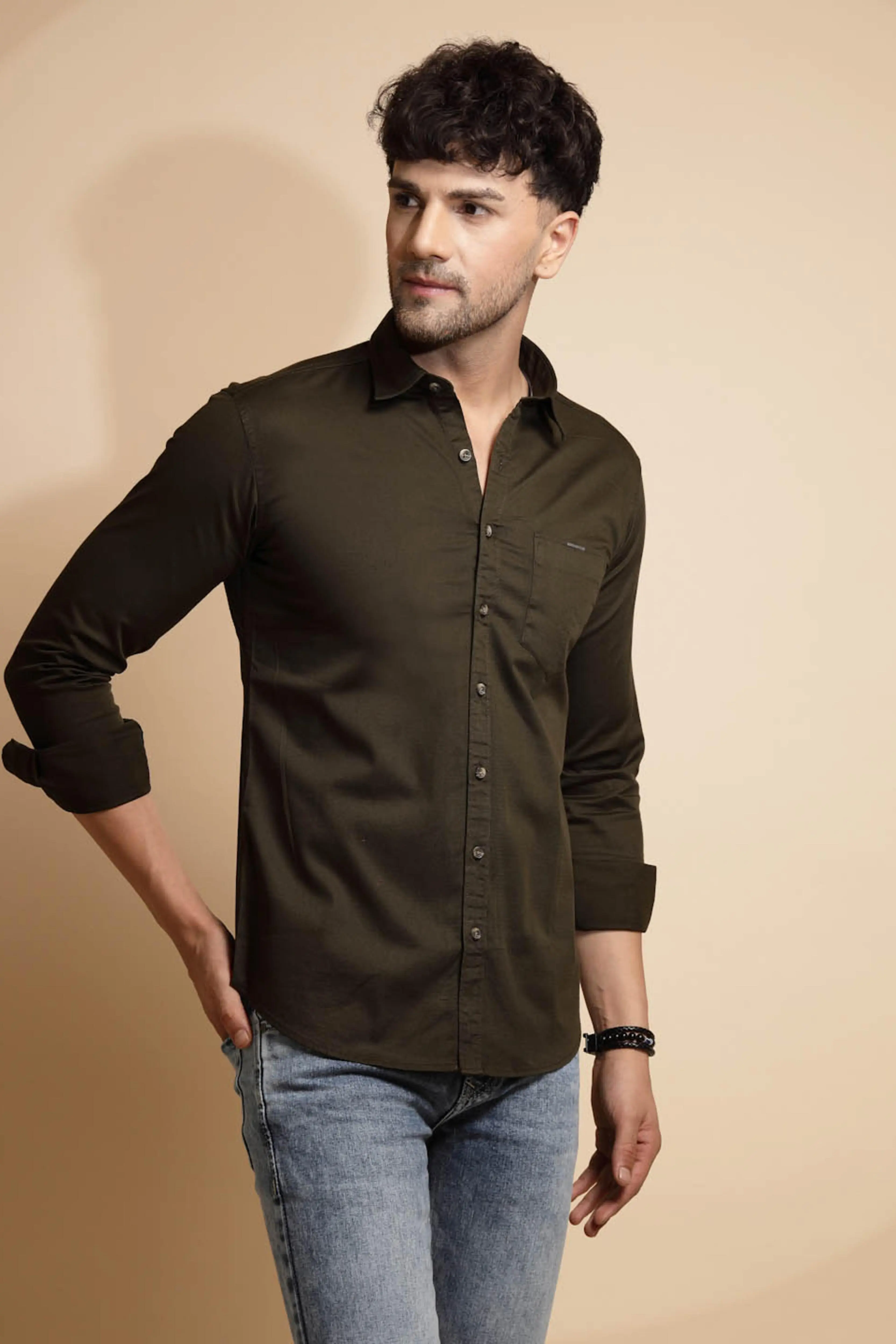 Olive Solid Full Sleeve Collared Neck Cotton Blend Shirt - Image 3