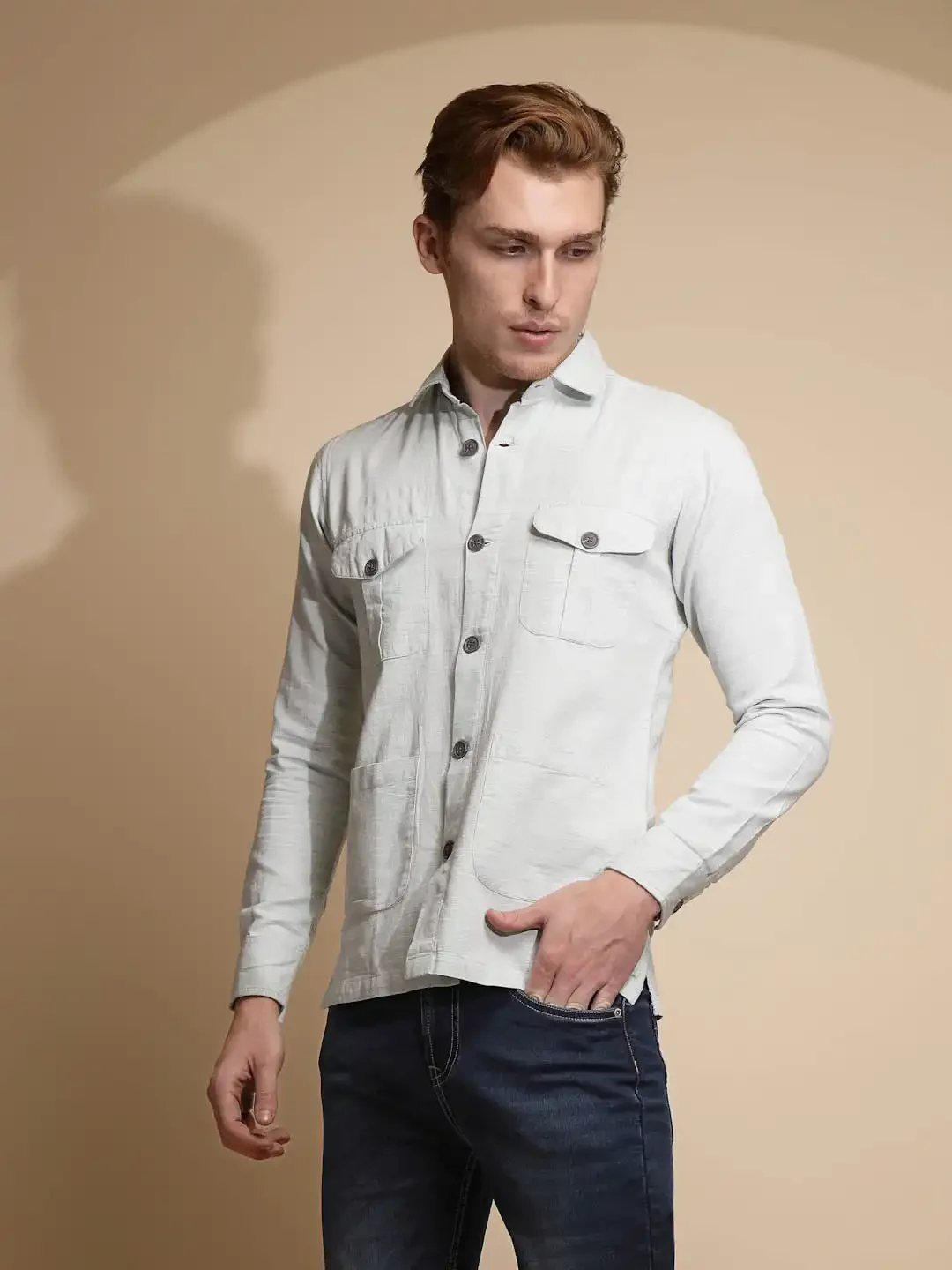 Green Solid Full Sleeve Collared Neck Cotton Shacket - Image 2