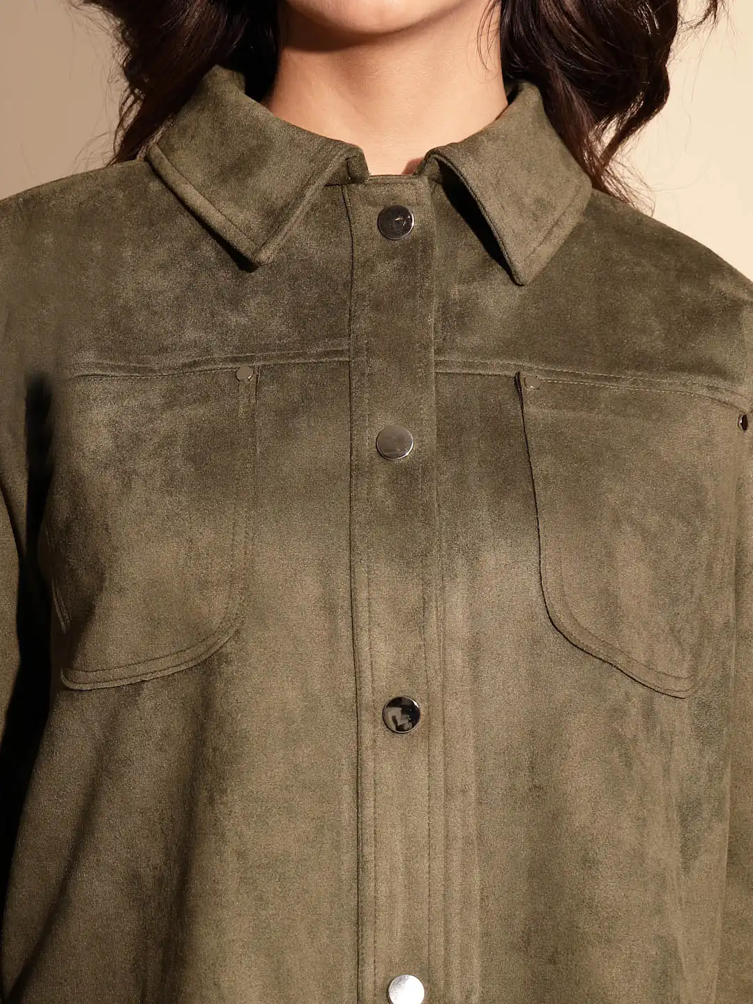 Olive Green Solid Suede Shacket - Image 11