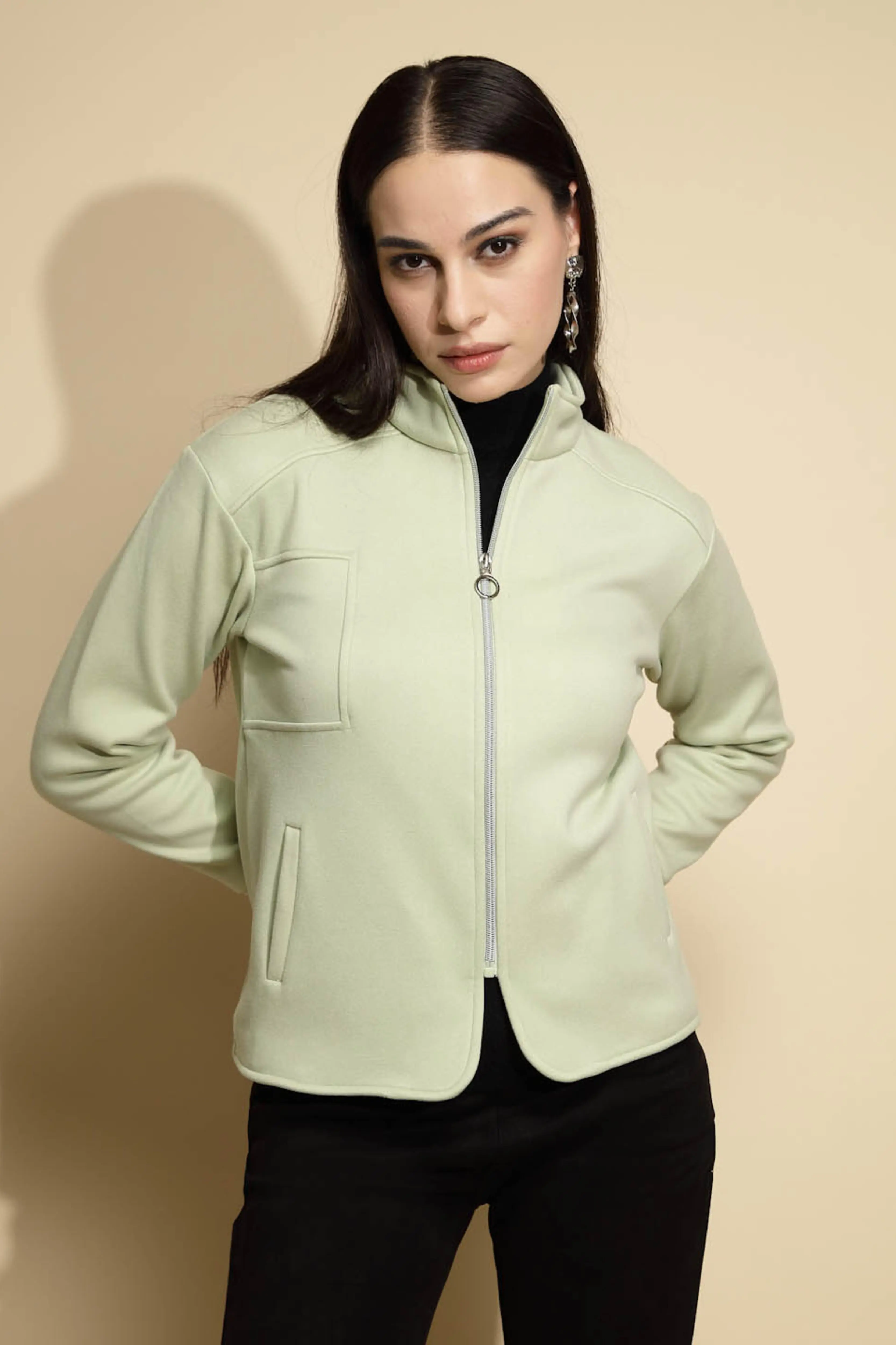 Green Solid Full Sleeve Turtle Neck Fleece Sweatshirt