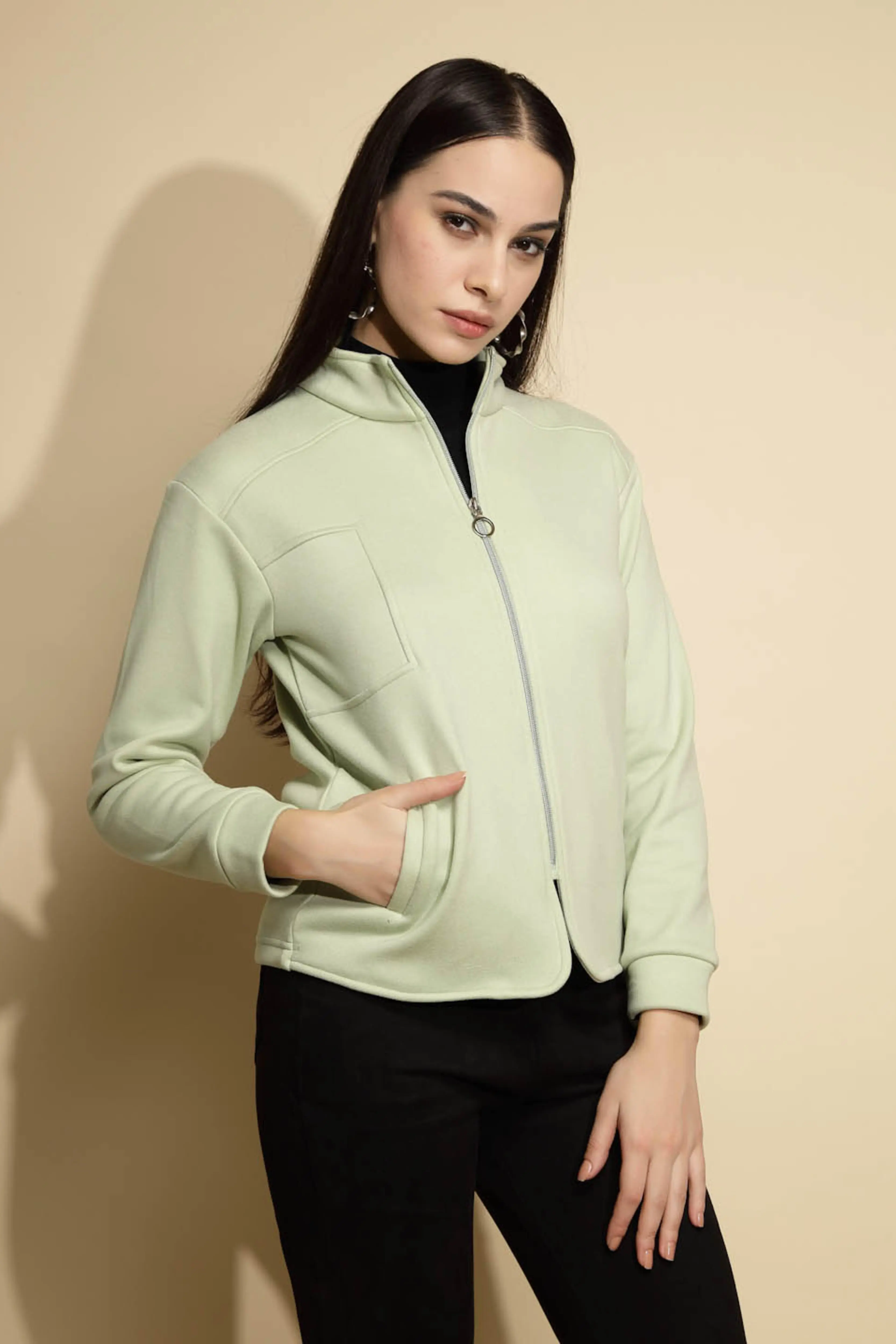 Green Solid Full Sleeve Turtle Neck Fleece Sweatshirt - Image 3