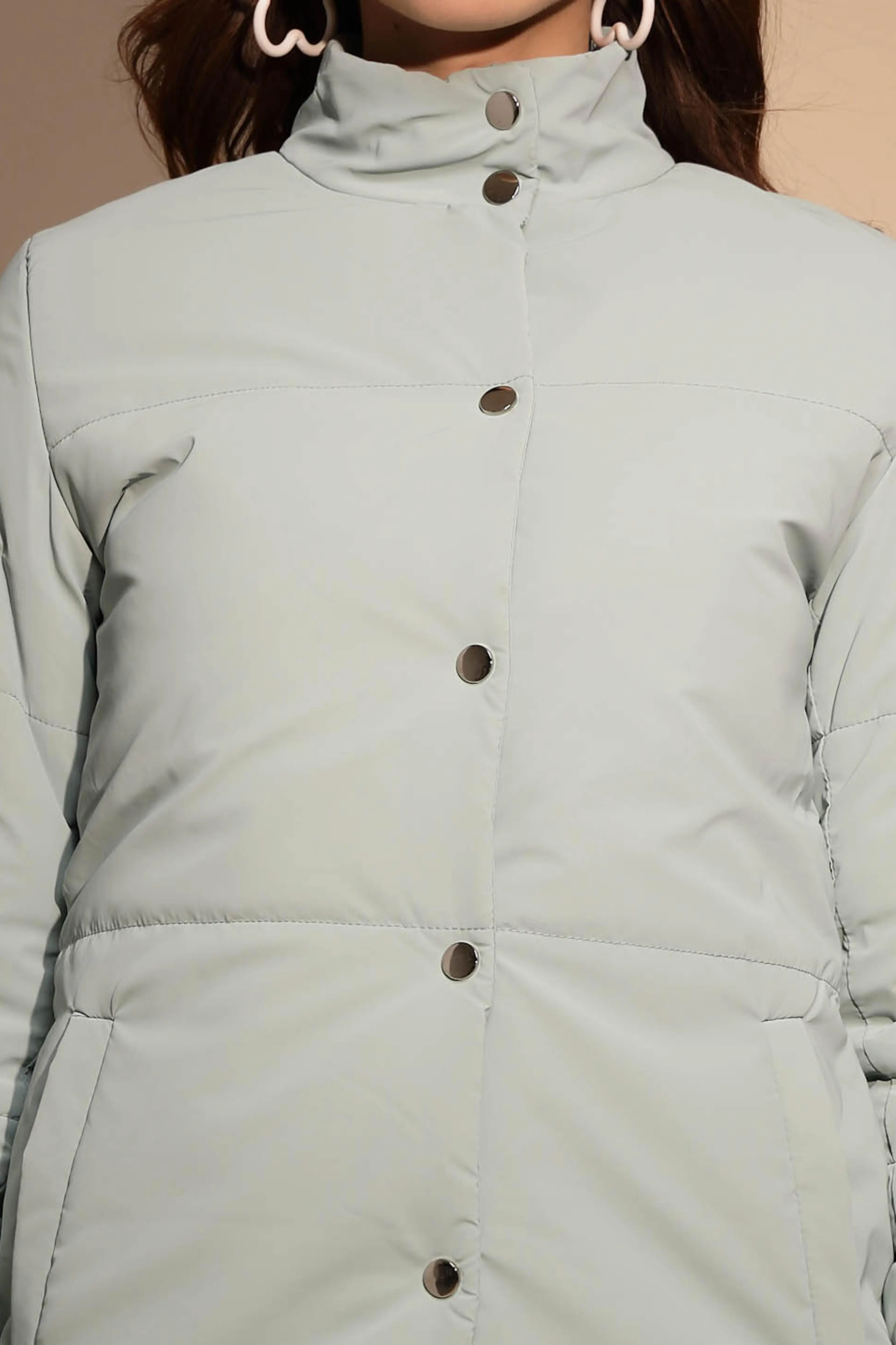 Green Solid Puffer Jacket - Image 5