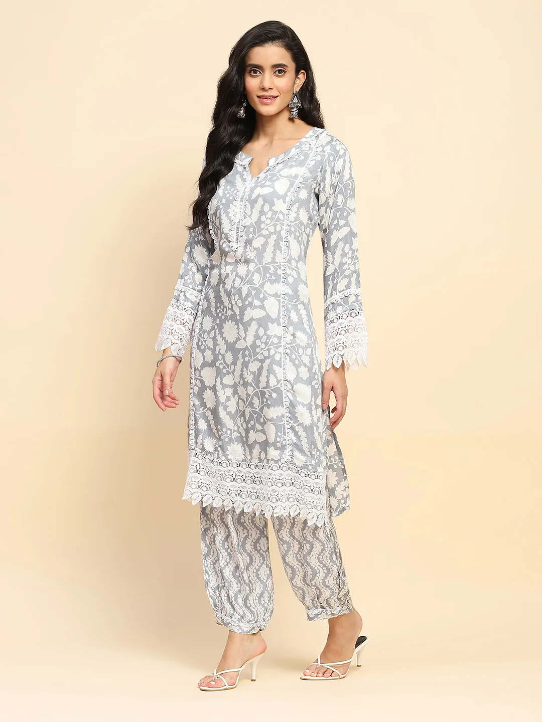 Grey & White Muslin Long Tunic Set - Image 2