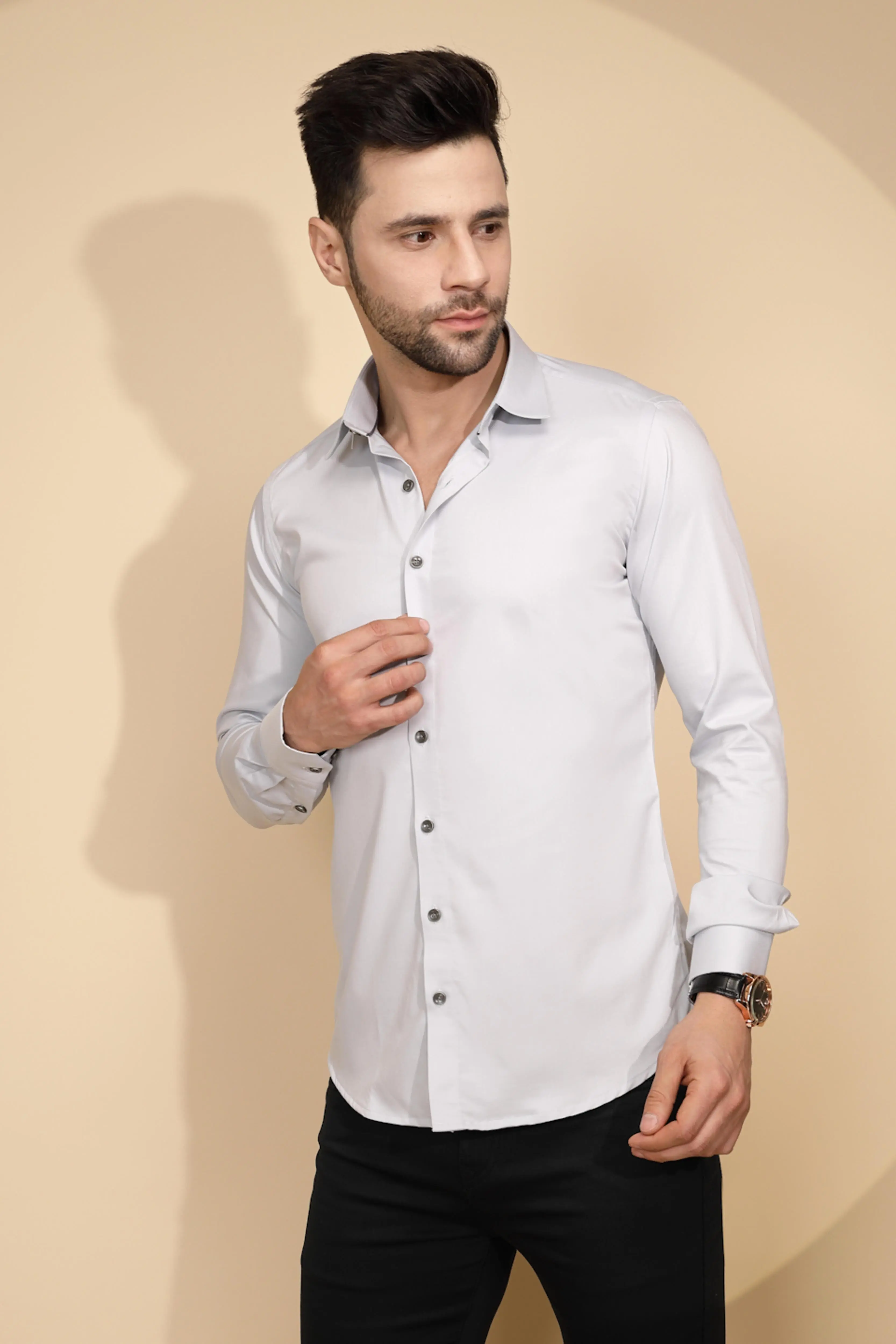 Grey Cotton Blend Regular Fit Shirt - Image 4