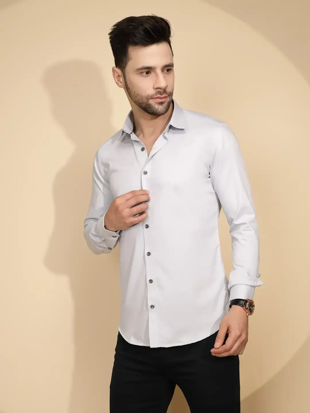 Grey Cotton Blend Regular Fit Shirt - Image 9