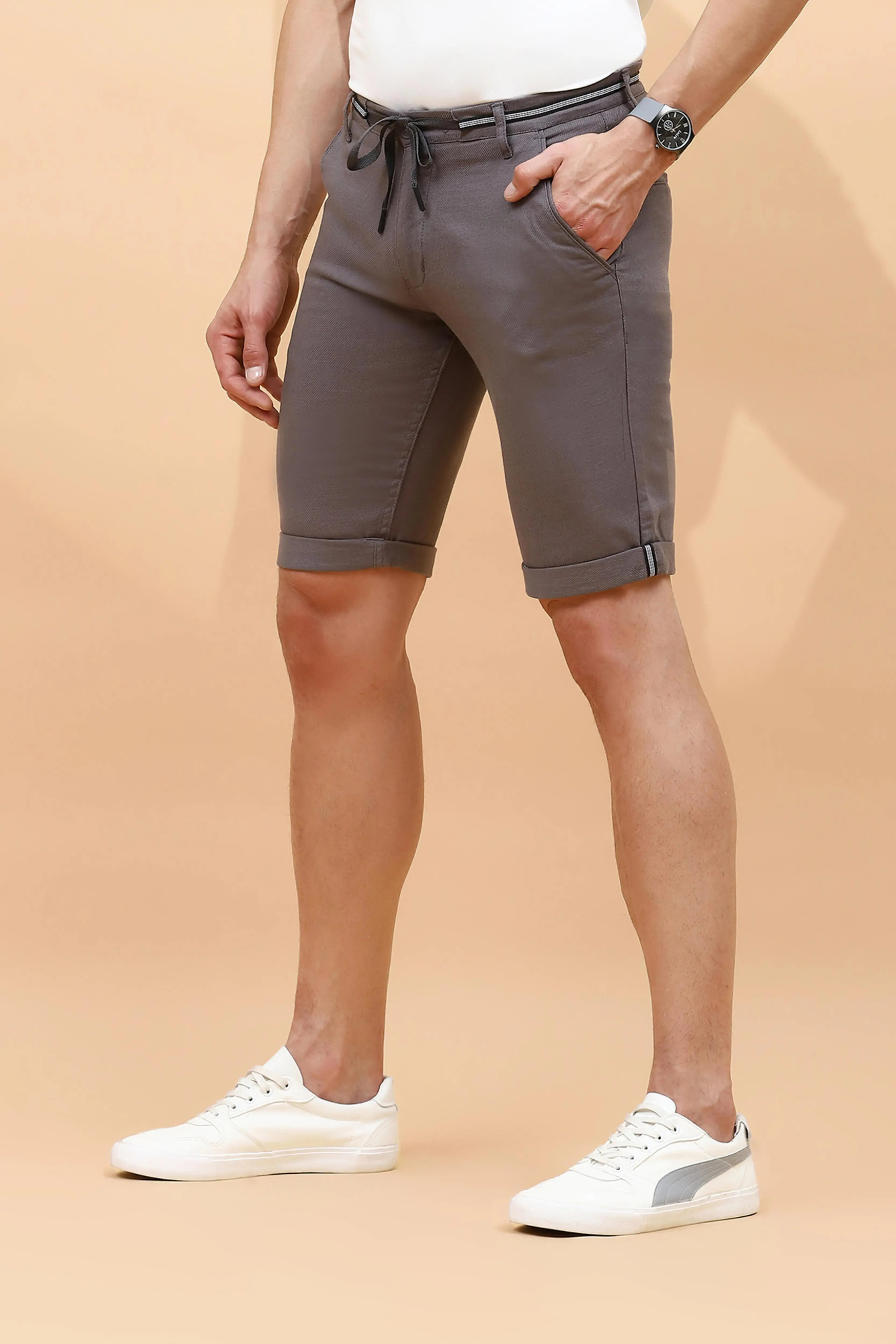 Grey Cotton Blend Regular Fit Shorts - Image 2
