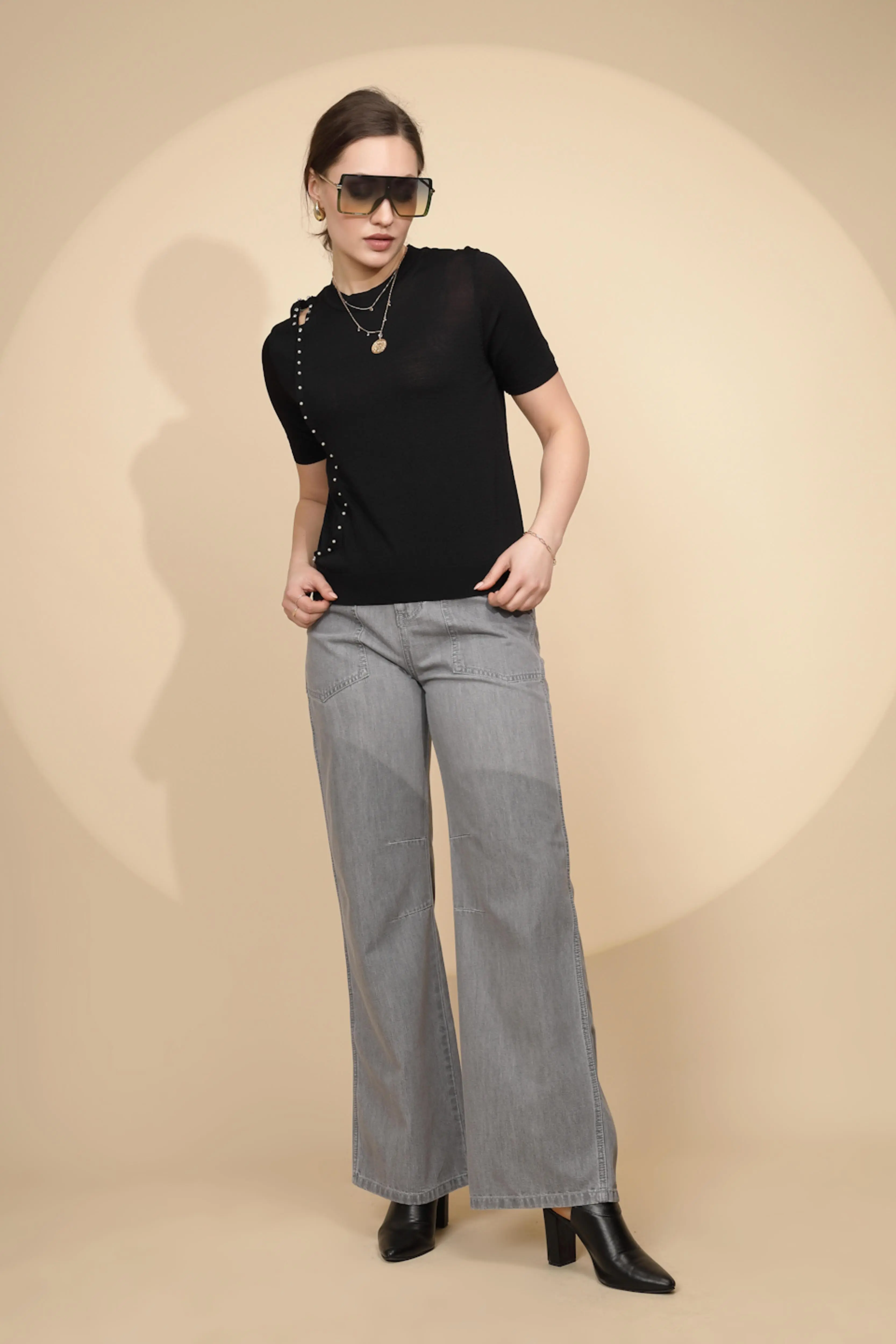 Grey Cotton Straight Loose Fit Jeans - Image 6