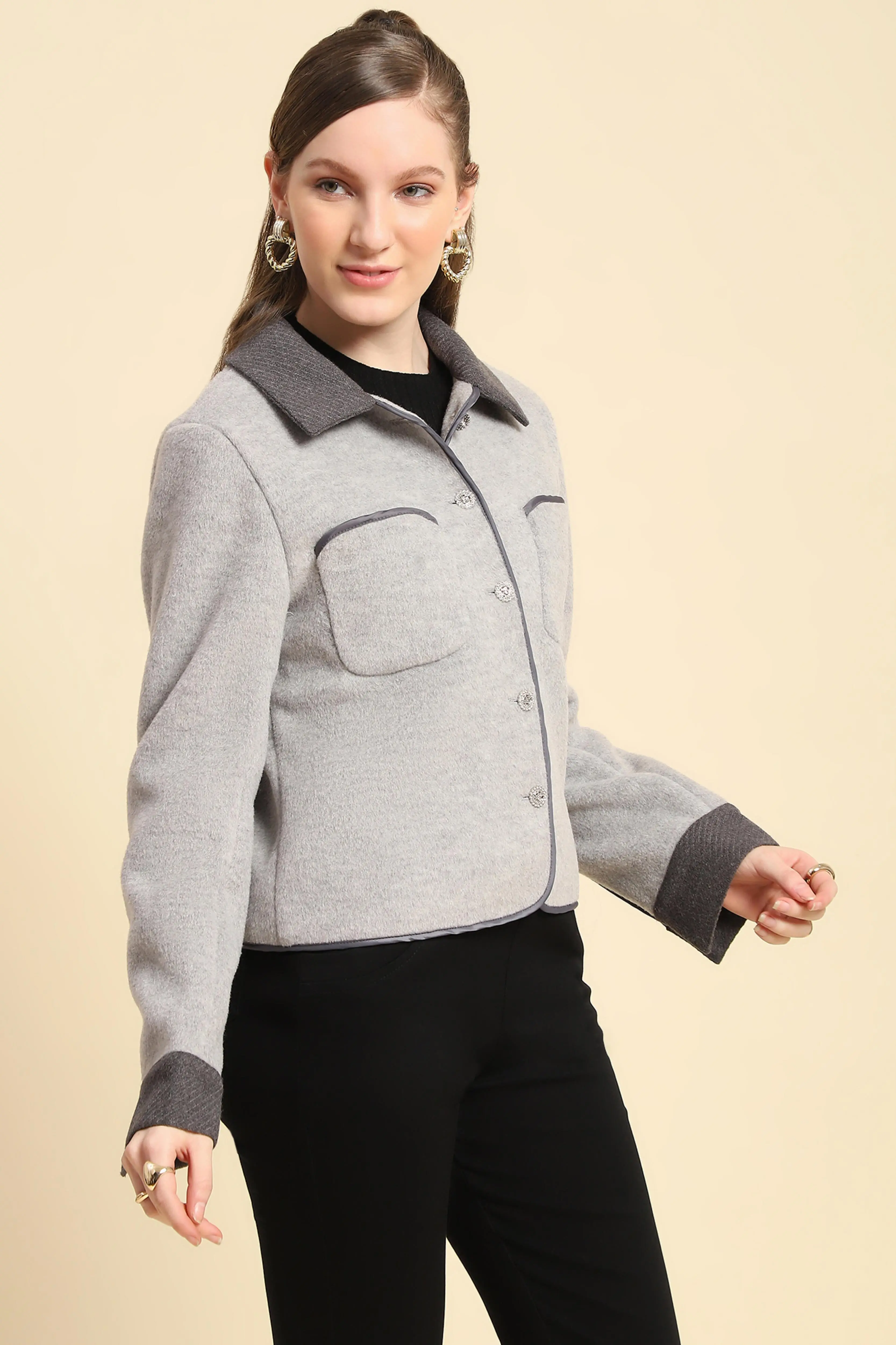 Grey Solid Viscose Winter Coat - Image 3