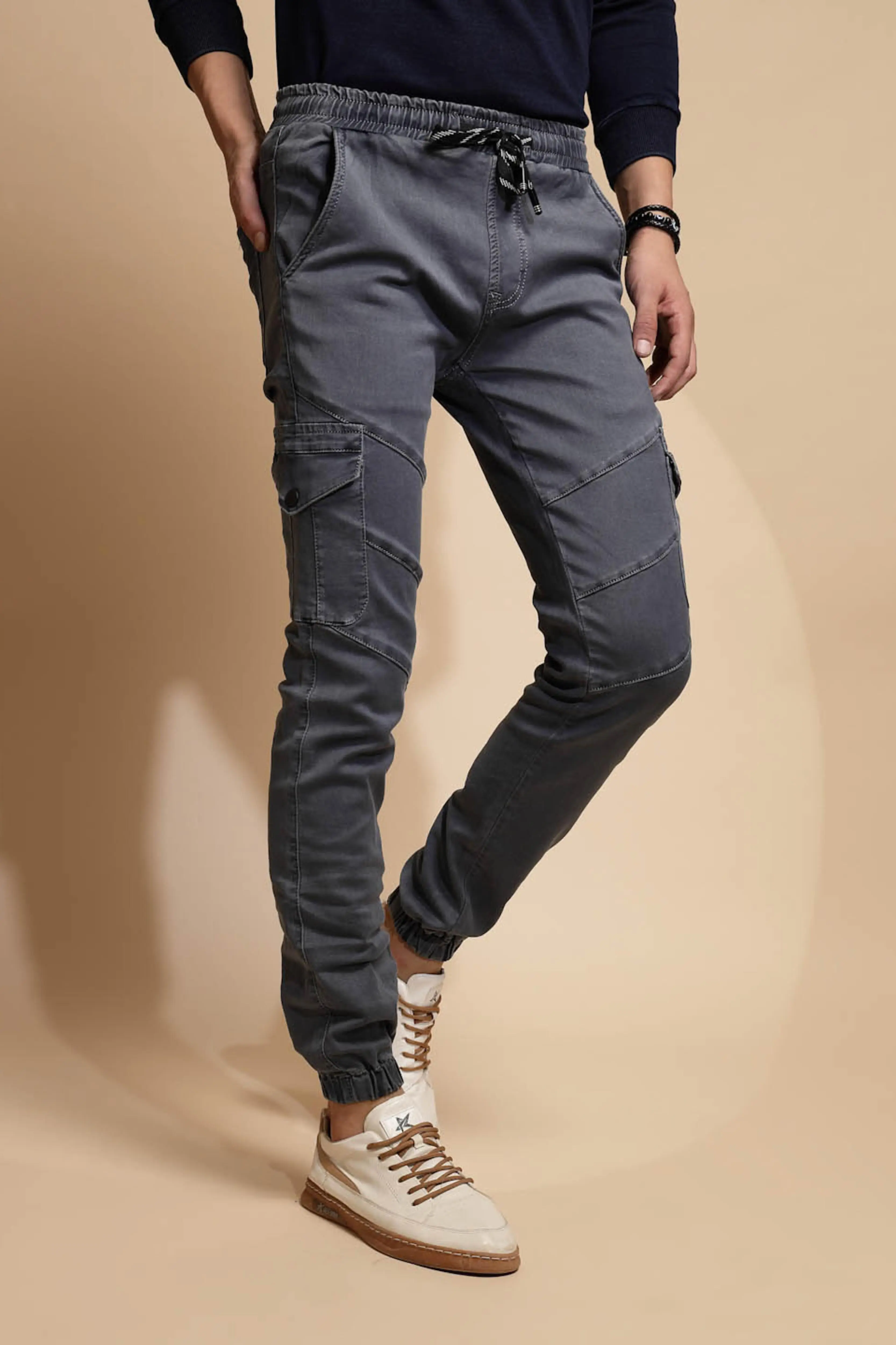Grey Mid Rise Cotton Blend Jogger - Image 3