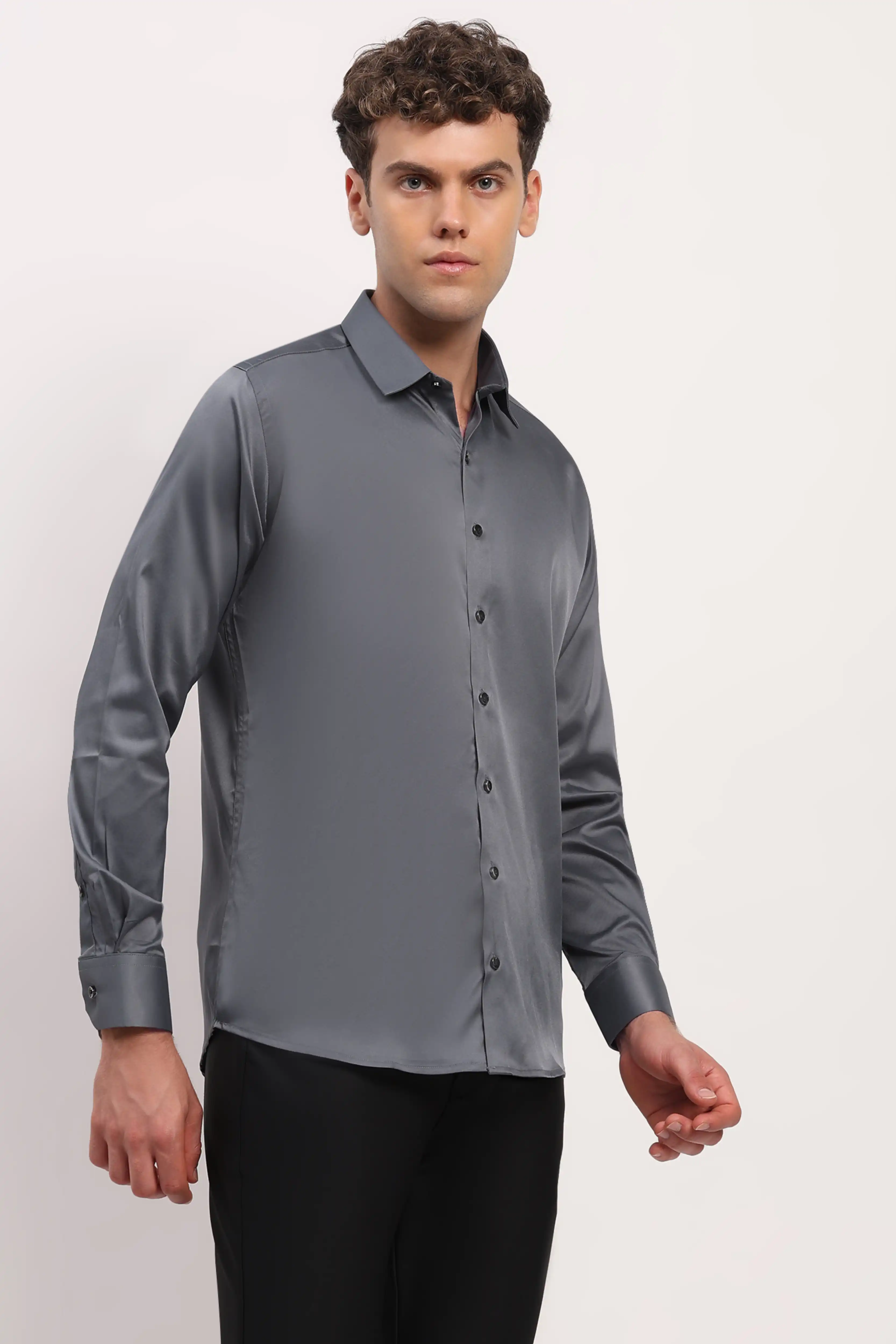 Grey Satin-Blend Shirt - Image 3