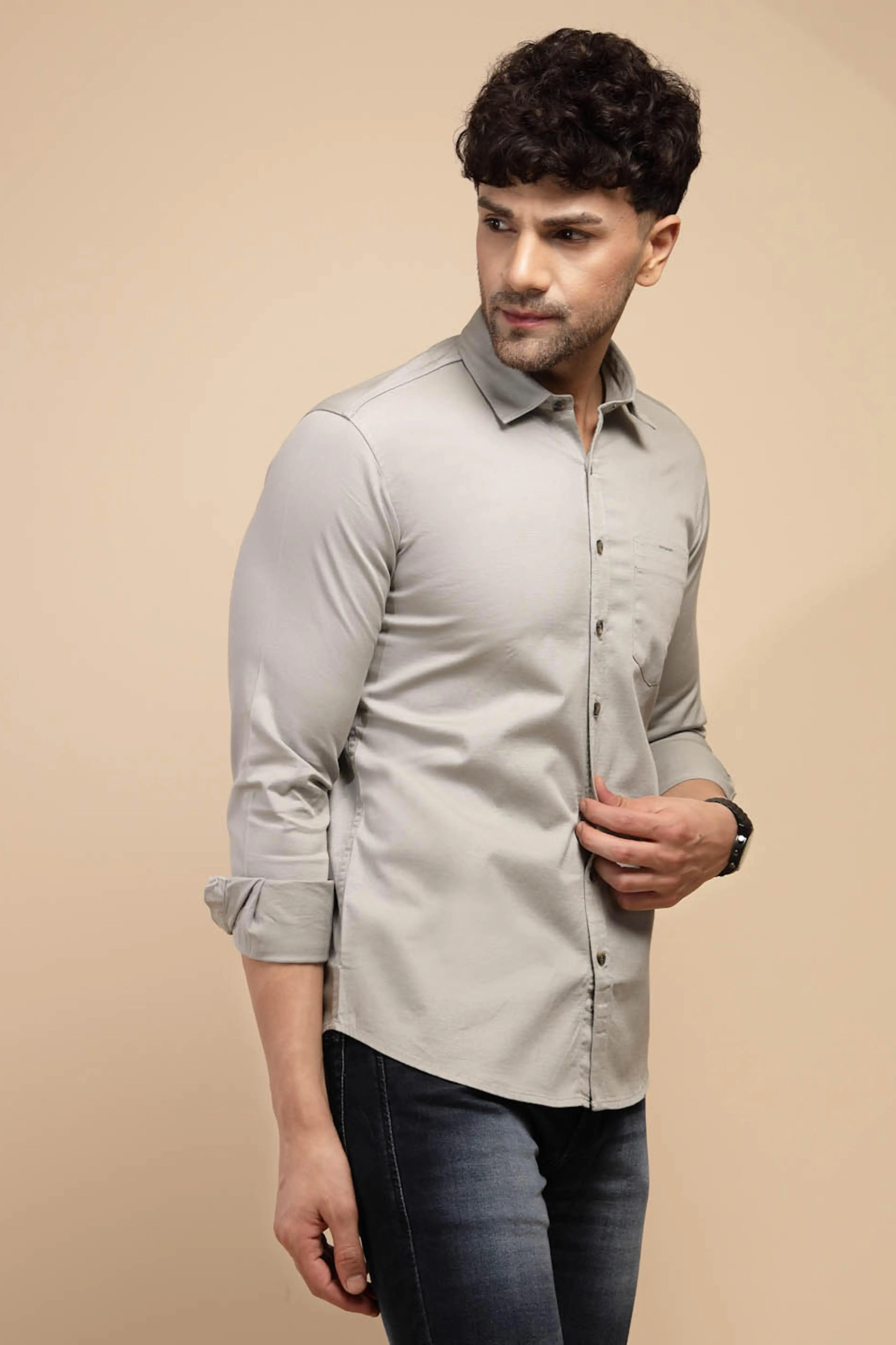 Grey Solid Full Sleeve Collared Neck Cotton Blend Shirt - Image 3