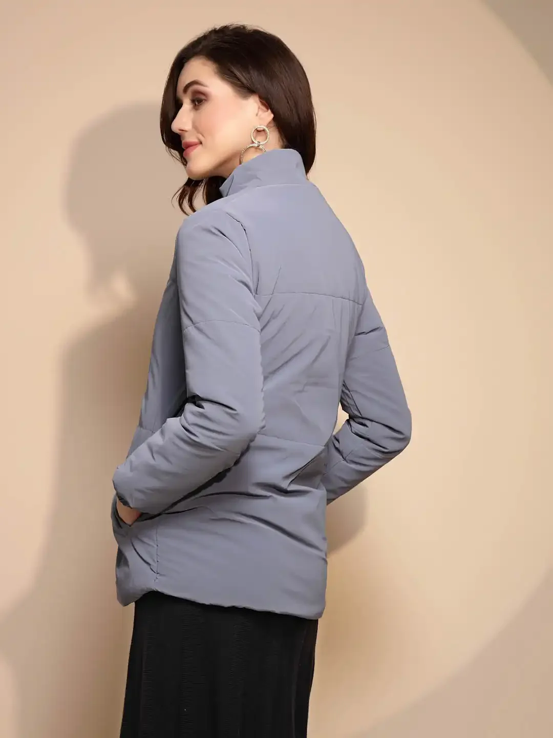 Grey Solid Puffer Jacket - Image 2