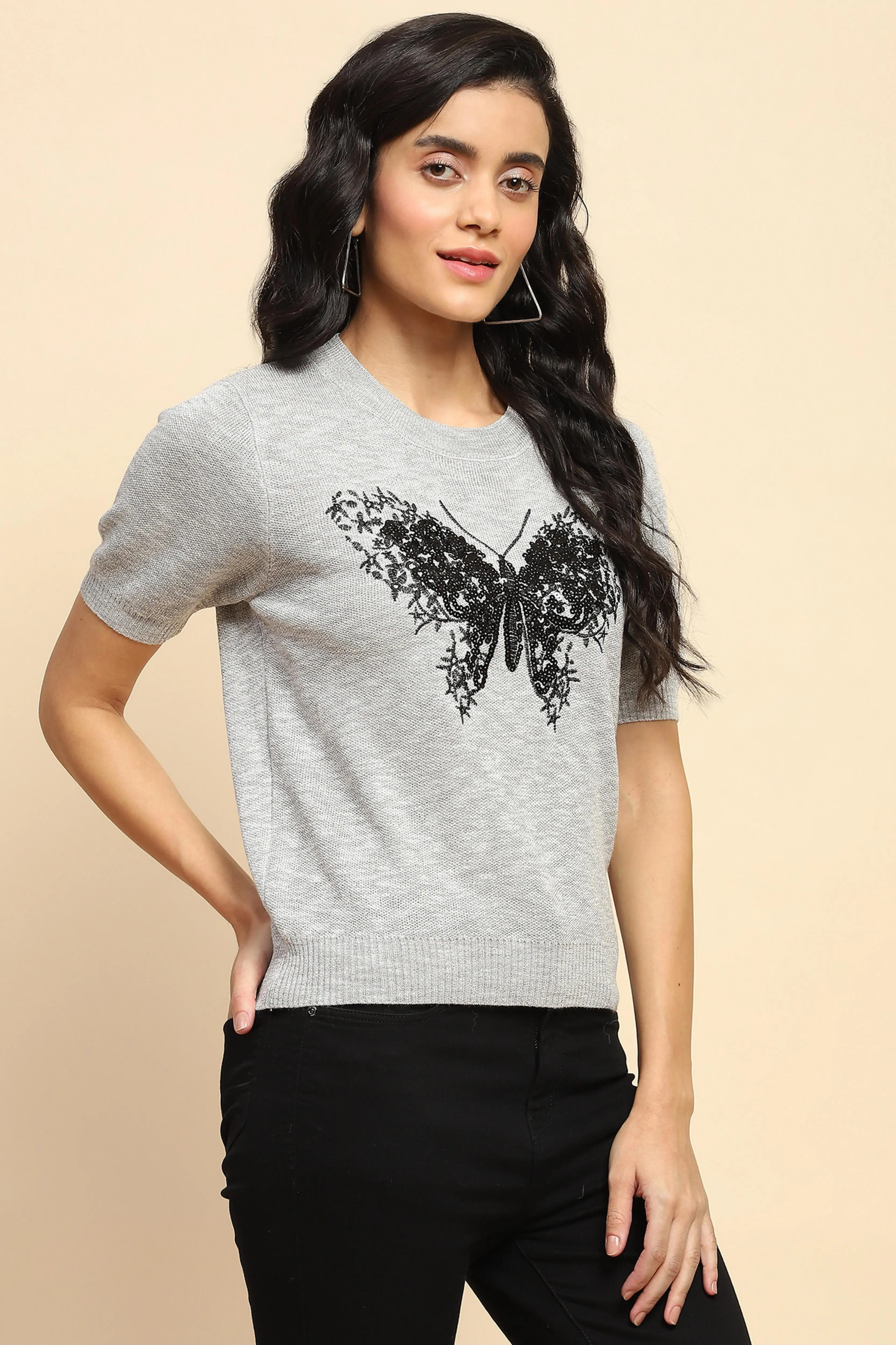 Grey Embellished Viscose Top - Image 3