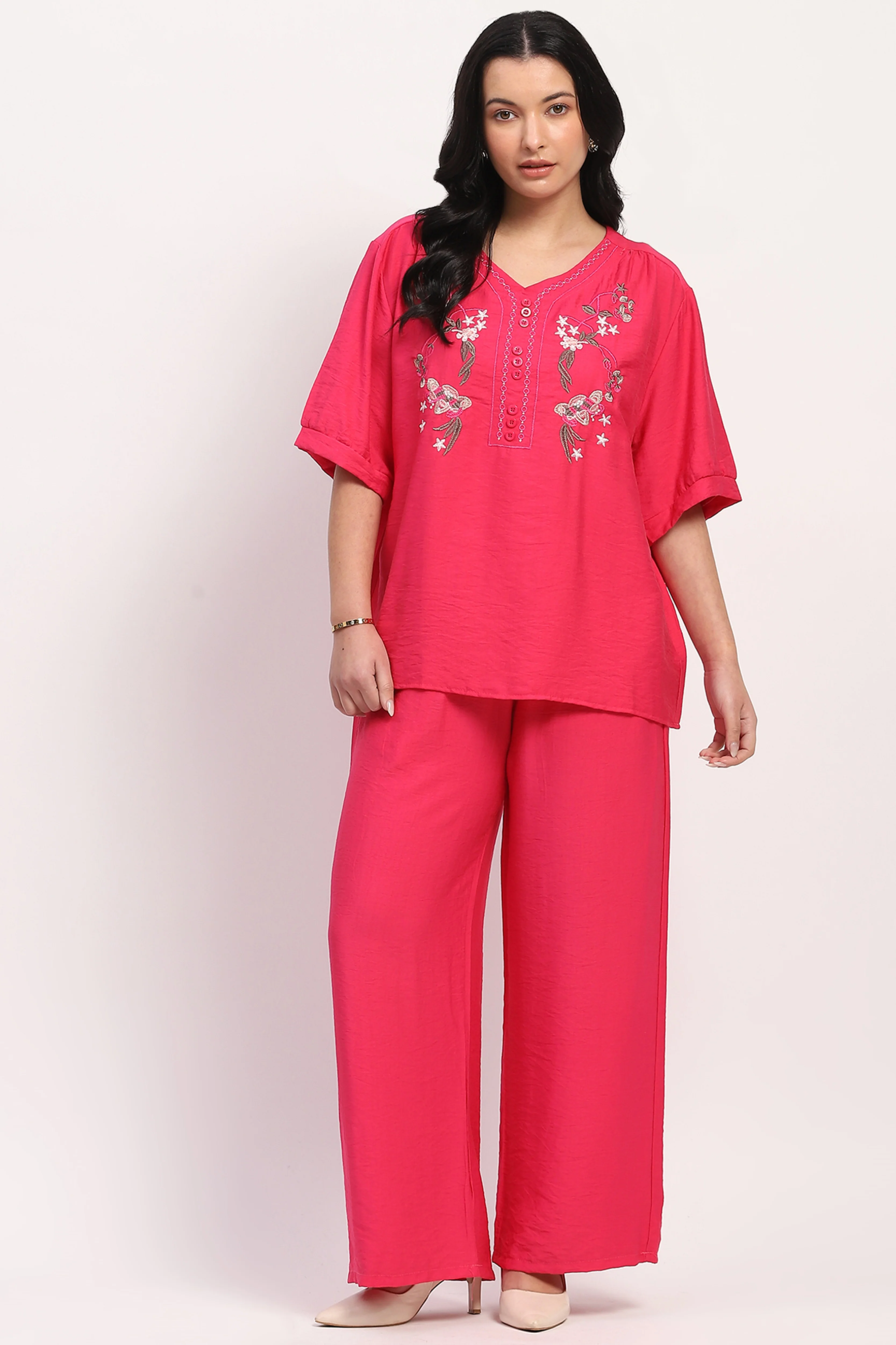 Hot Pink Floral Embroidered Loungwear Set - Image 2