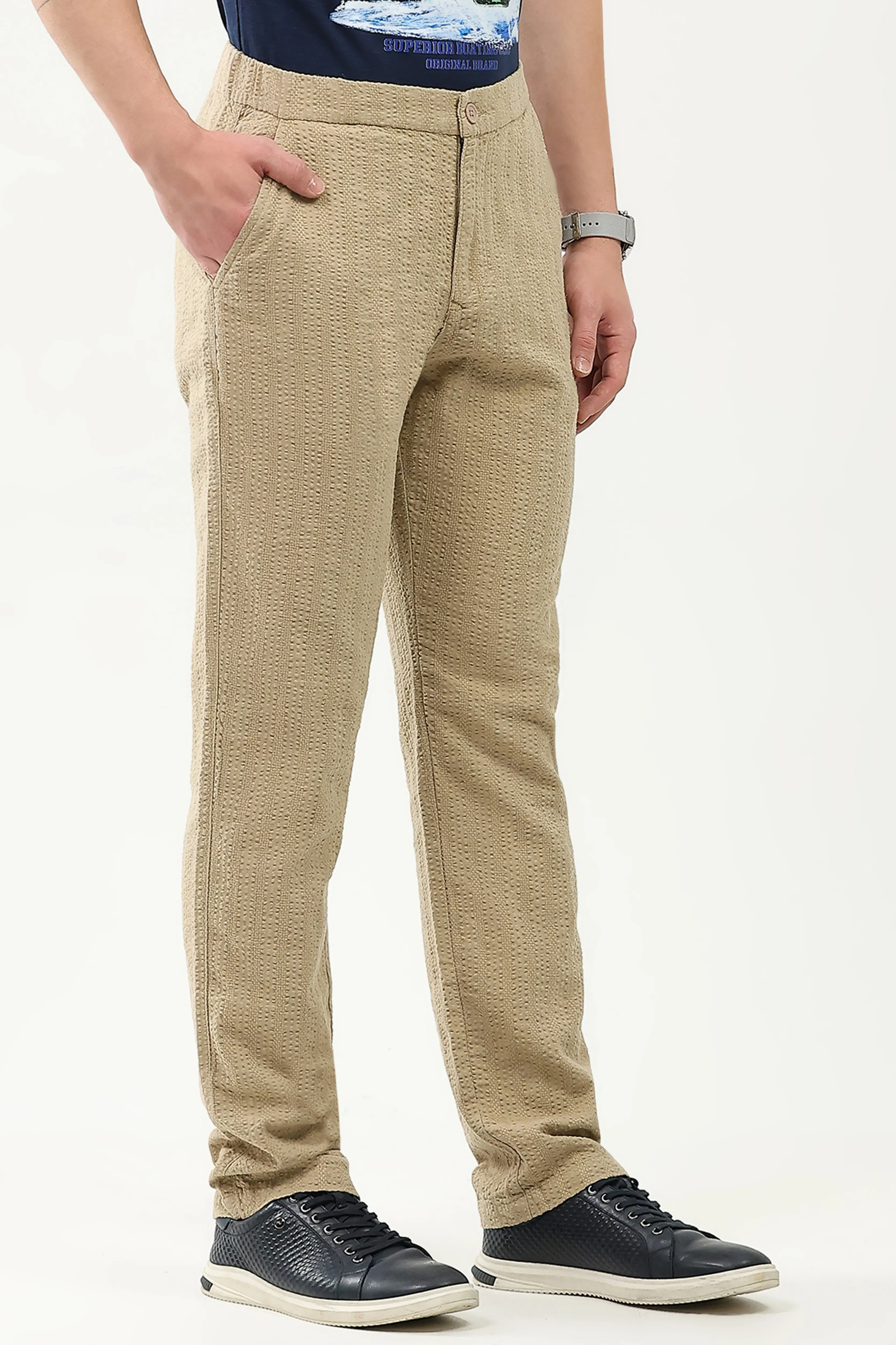 Khakhi Self-Striped Cotton Trousers - Image 3