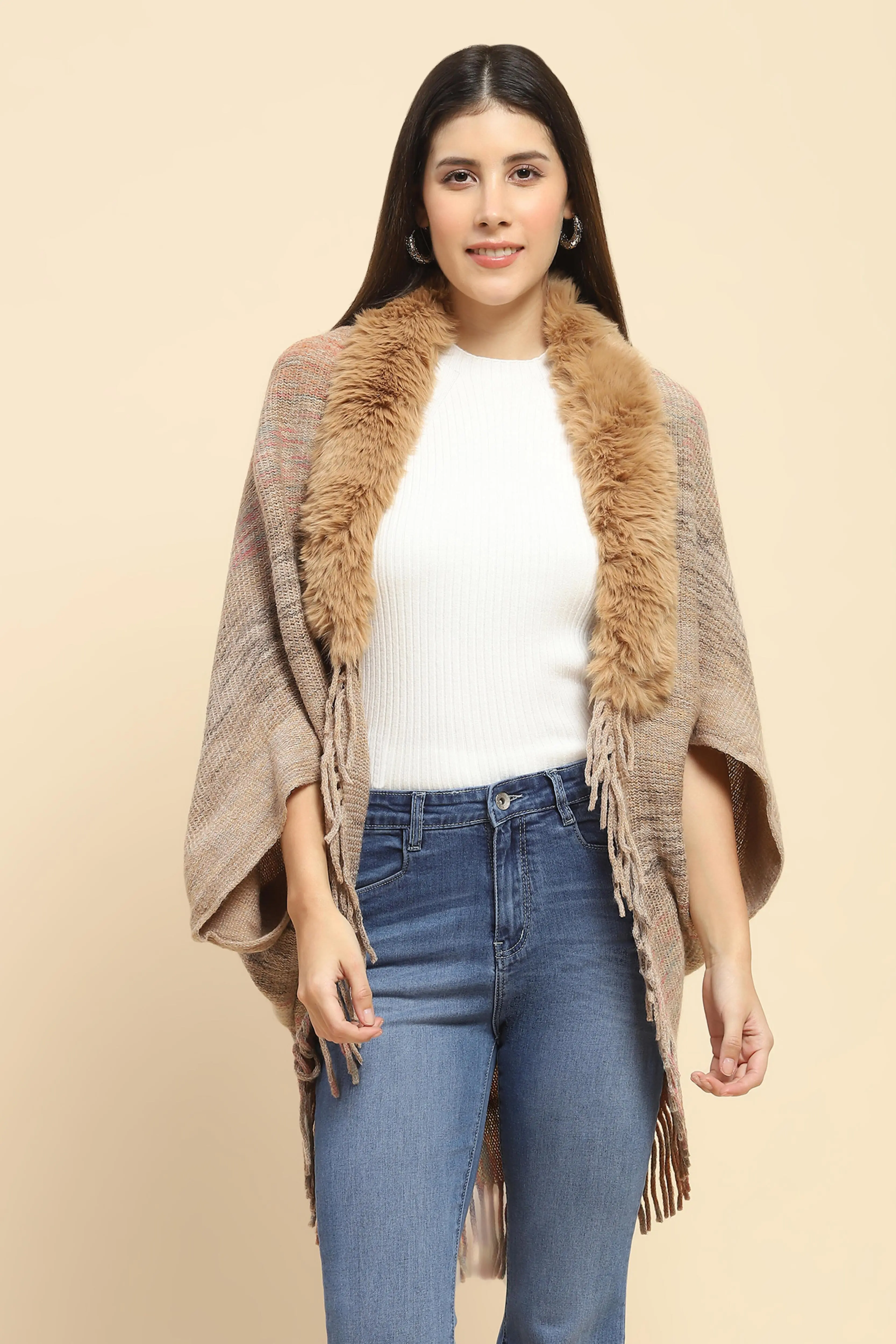 Khaki Mélange Acrylic Knit Cape