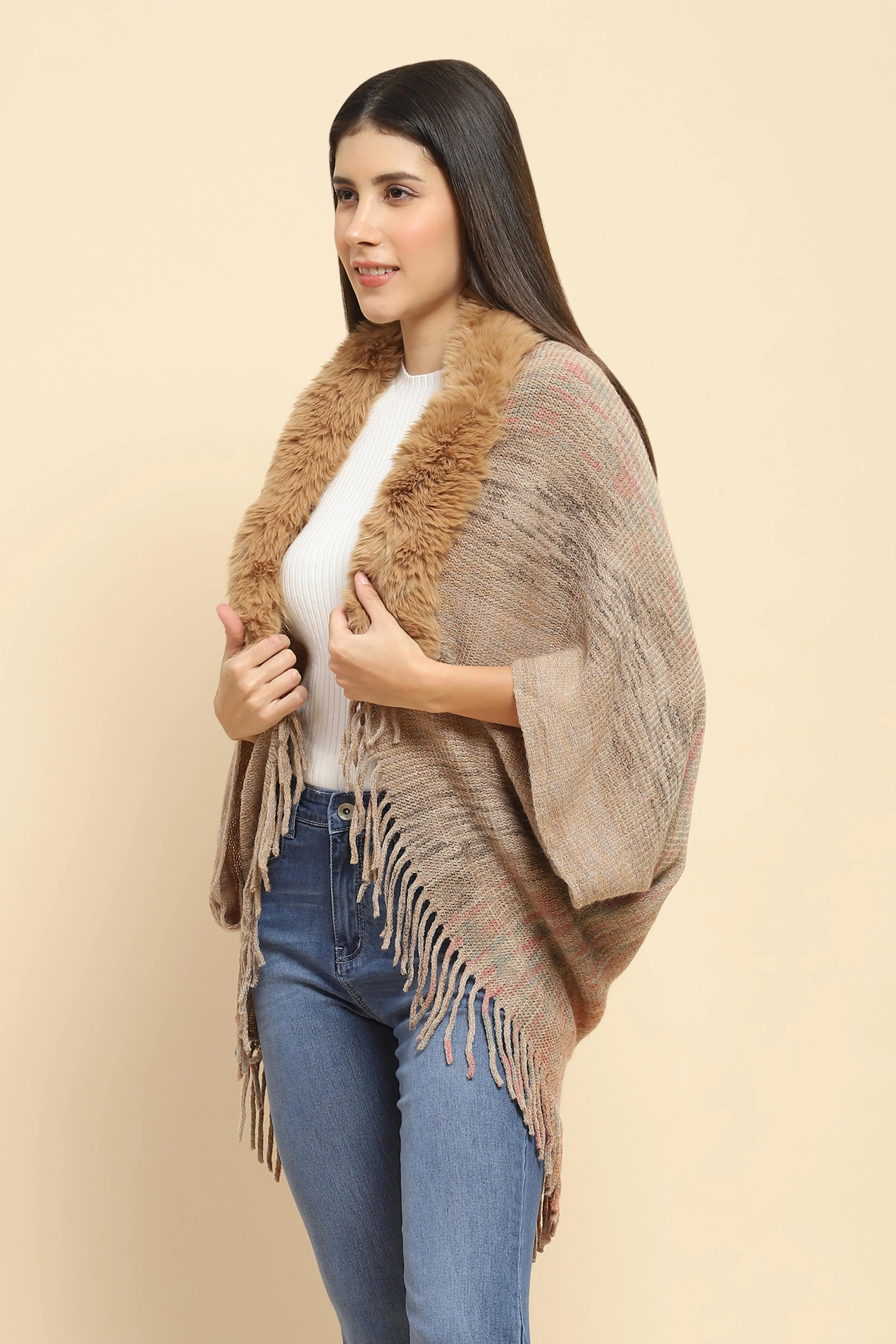Khaki Mélange Acrylic Knit Cape - Image 2