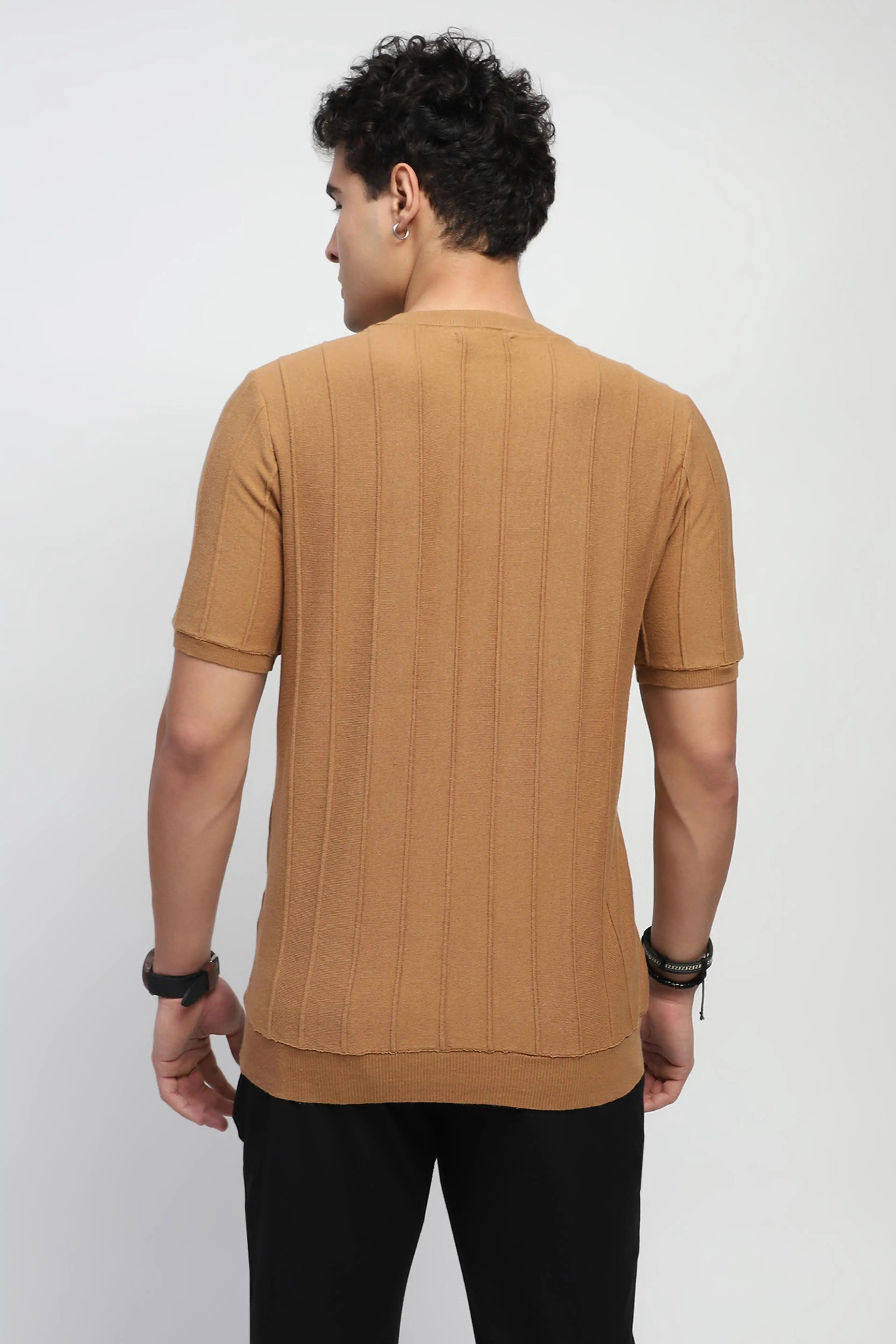 Brown Knitted Textured T-Shirt - Image 4