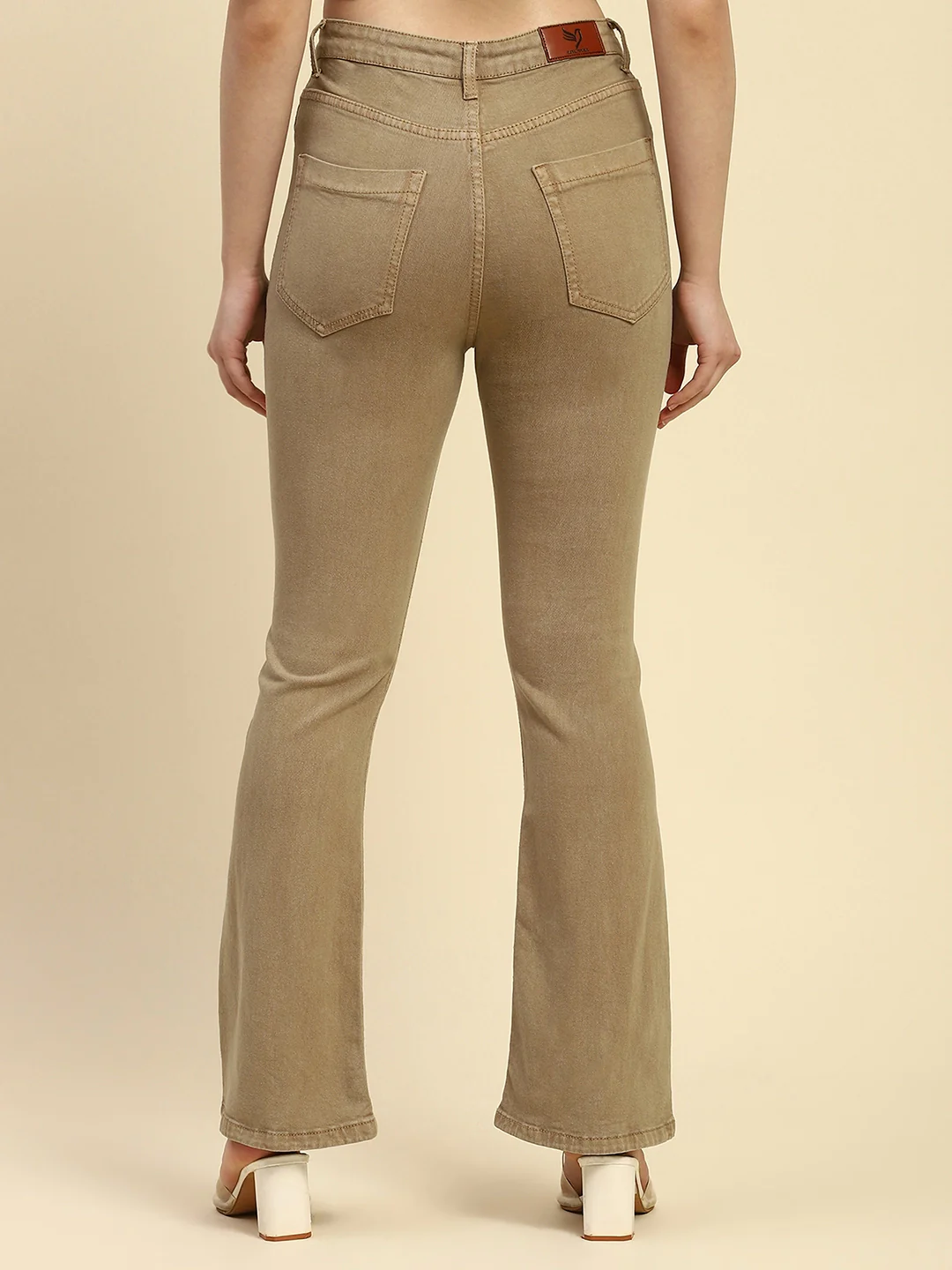Khaki Solid Cotton Blend Jeans - Image 10