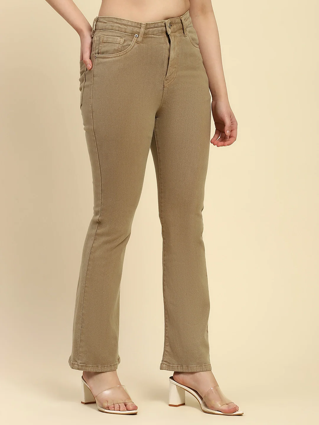 Khaki Solid Cotton Blend Jeans - Image 7