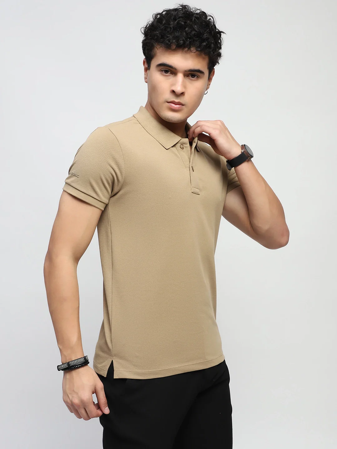 Khaki Solid Cotton Blend Polo T-Shirt - Image 14