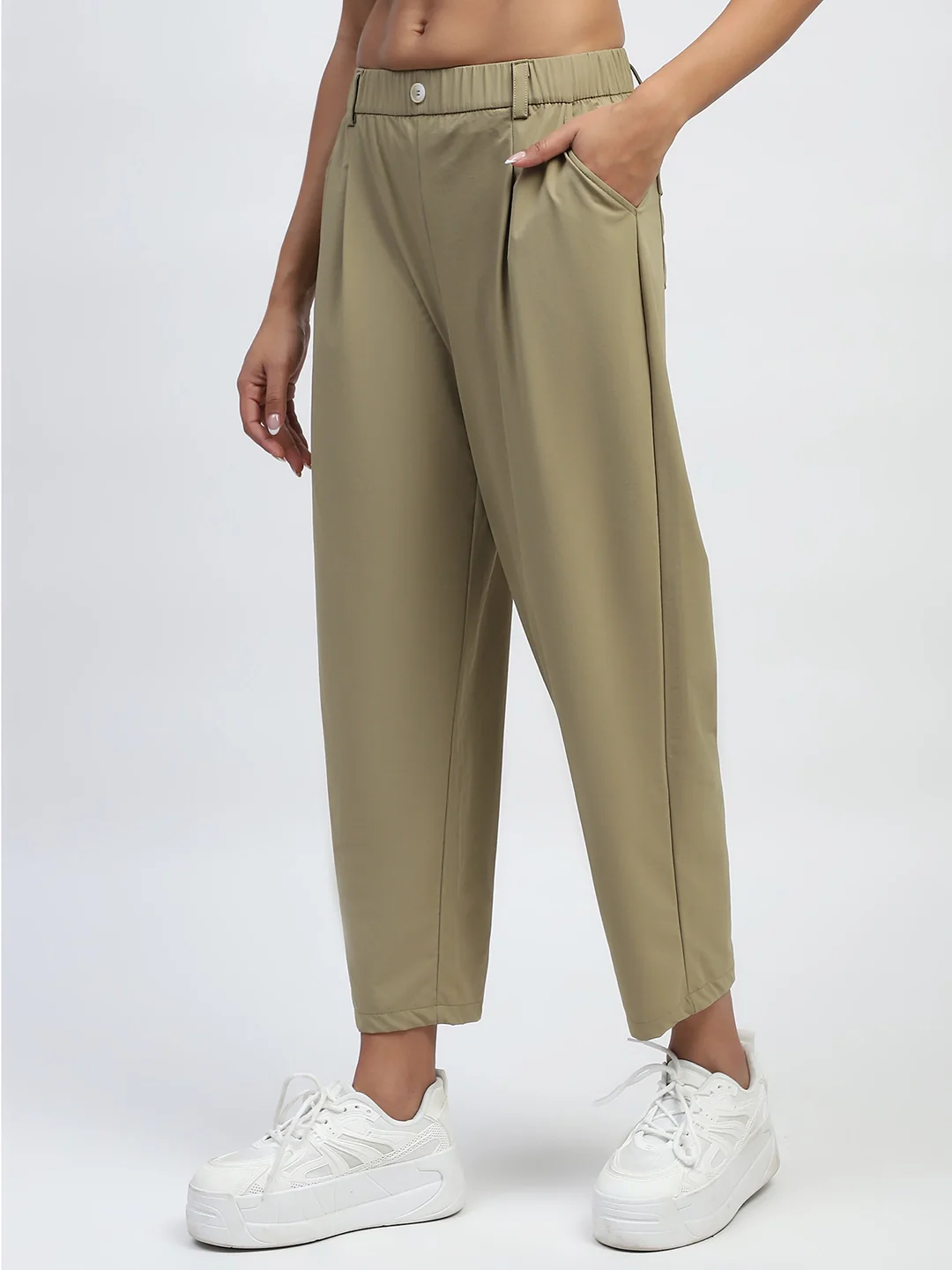 Khaki Solid Nylon Relaxed Fit Lower - Image 9