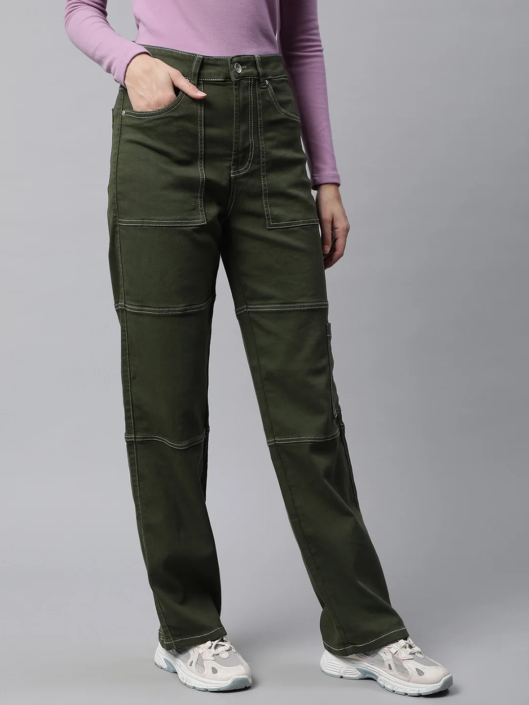 Olive Contrast Stitch Straight Leg Mid Rise Jeans - Image 2
