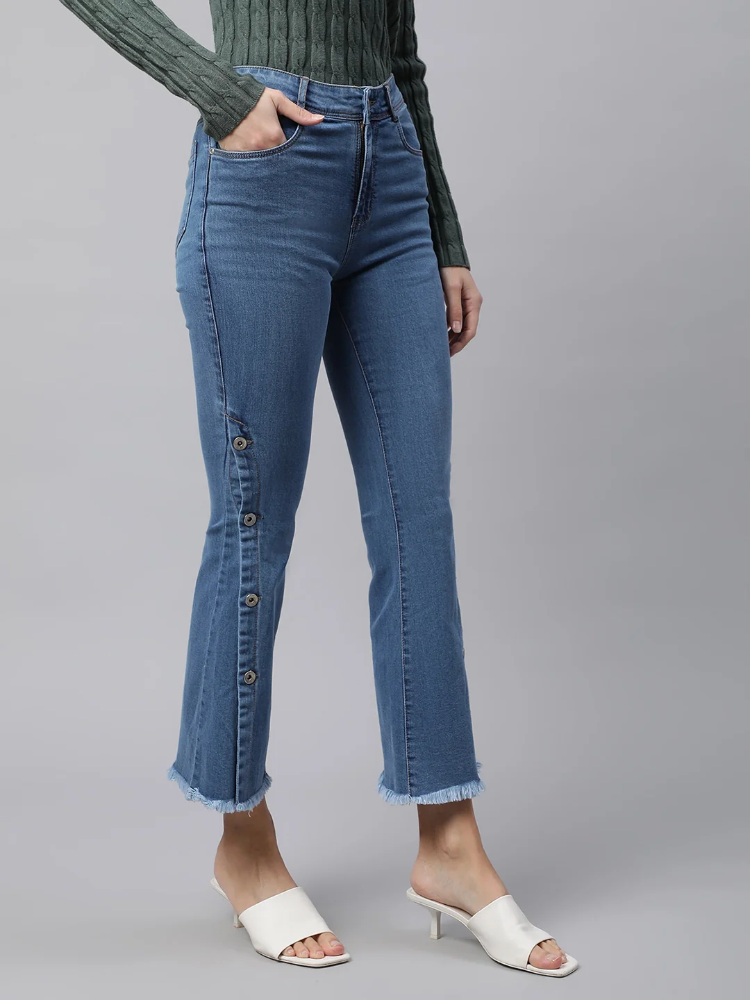 High Rise Blue Stylized Fit & Flare Jeans - Image 2